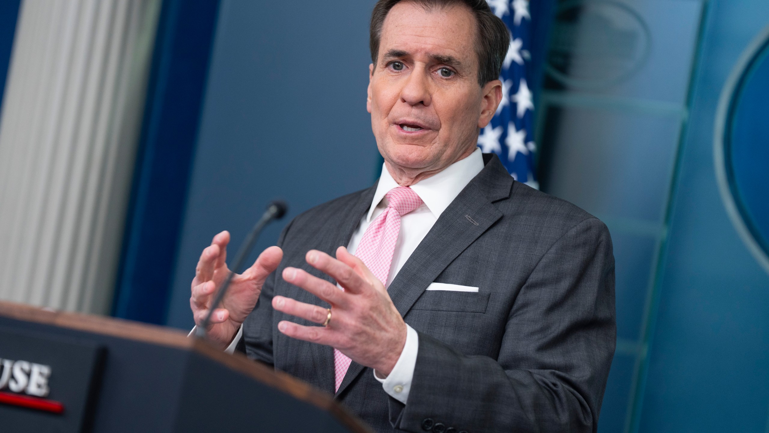 National Security Council spokesman John Kirby speaks during a press briefing at the White House, Tuesday, Feb. 13, 2024, in Washington. (AP Photo/Evan Vucci)