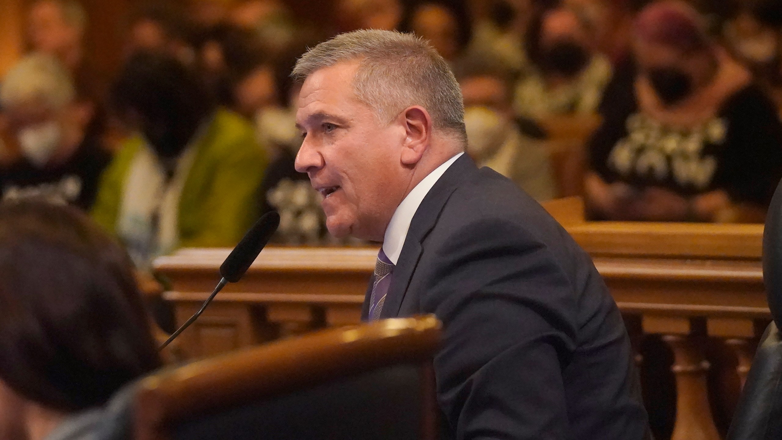 Supervisor Matt Dorsey speaks during a San Francisco Board of Supervisors meeting in San Francisco on Jan. 9, 2024. The most stolen books from San Francisco public libraries' shelves are not the hottest new novels or juicy memoirs, they are books about recovering from addiction. Supervisor Dorsey on Tuesday, Feb. 20, 2024, introduced legislation to create a program to distribute free addiction recovery books at the city's 27 public libraries. (AP Photo/Jeff Chiu)