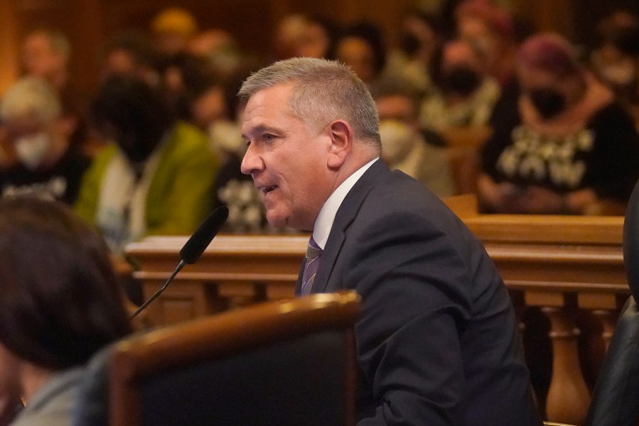 Supervisor Matt Dorsey speaks during a San Francisco Board of Supervisors meeting in San Francisco on Jan. 9, 2024. The most stolen books from San Francisco public libraries' shelves are not the hottest new novels or juicy memoirs, they are books about recovering from addiction. Supervisor Dorsey on Tuesday, Feb. 20, 2024, introduced legislation to create a program to distribute free addiction recovery books at the city's 27 public libraries. (AP Photo/Jeff Chiu)