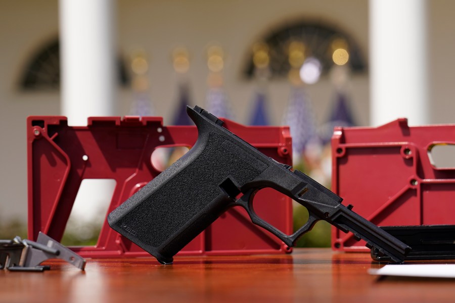 FILE - A 9mm "ghost gun" pistol build kit with a commercial slide and barrel with a polymer frame is displayed in the Rose Garden of the White House in Washington, Monday, April 11, 2022. A leading manufacturer of ghost guns has agreed Wednesday, Feb. 21, 2024, to stop selling its untraceable, unassembled firearms to Maryland residents. (AP Photo/Carolyn Kaster, File)