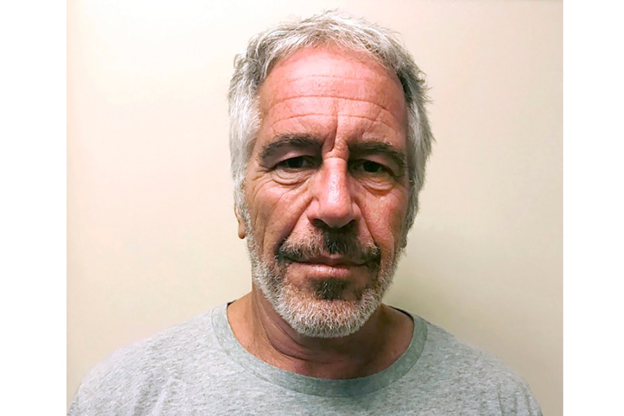 A mugshot-style photo of Jeffrey Epstein.