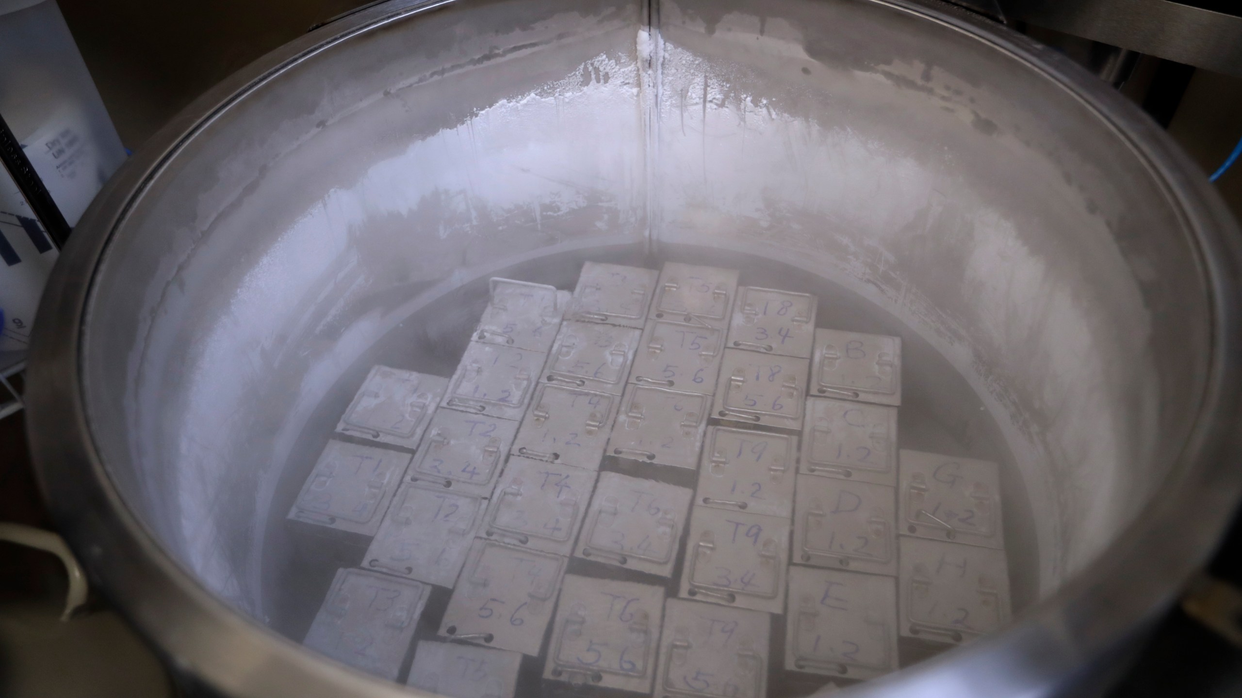 FILE - In this Tuesday, Oct. 2, 2018 photo, containers holding frozen embryos and sperm are stored in liquid nitrogen at a fertility clinic in Fort Myers, Fla. The Alabama Supreme Court ruled, Friday, Feb. 16, 2024, that frozen embryos can be considered children under state law, a ruling critics said could have sweeping implications for fertility treatments. The decision was issued in a pair of wrongful death cases brought by three couples who had frozen embryos destroyed in an accident at a fertility clinic. (AP Photo/Lynne Sladky, File)