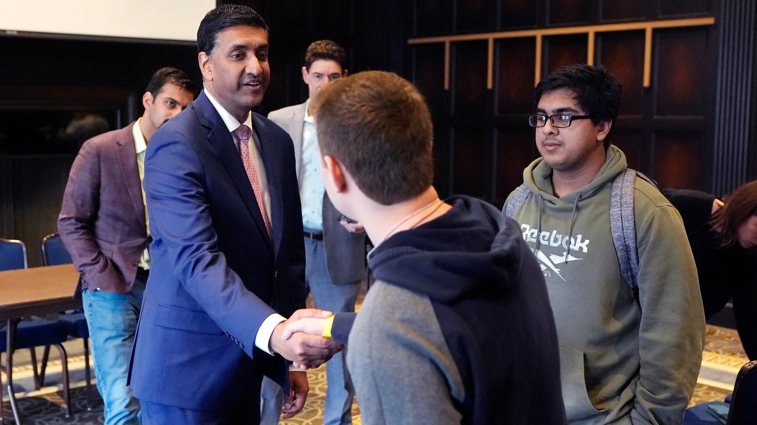 U.S. Rep. Ro Khanna, D-Ca., greets attendees after speaking to a group of college Democrats, Thursday, Feb. 22, 2024, in Ann Arbor, Mich. Khanna's visit to Michigan includes meetings with Arab American leaders in metro Detroit. The visit comes ahead of the state's Feb. 27 presidential primary. (AP Photo/Carlos Osorio)