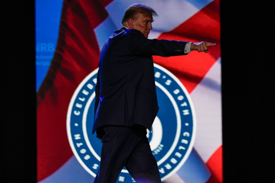 Republican presidential candidate former President Donald Trump gestures at the National Religious Broadcasters convention at the Gaylord Opryland Resort and Convention Center Thursday, Feb. 22, 2024, in Nashville, Tenn. (AP Photo/George Walker IV)