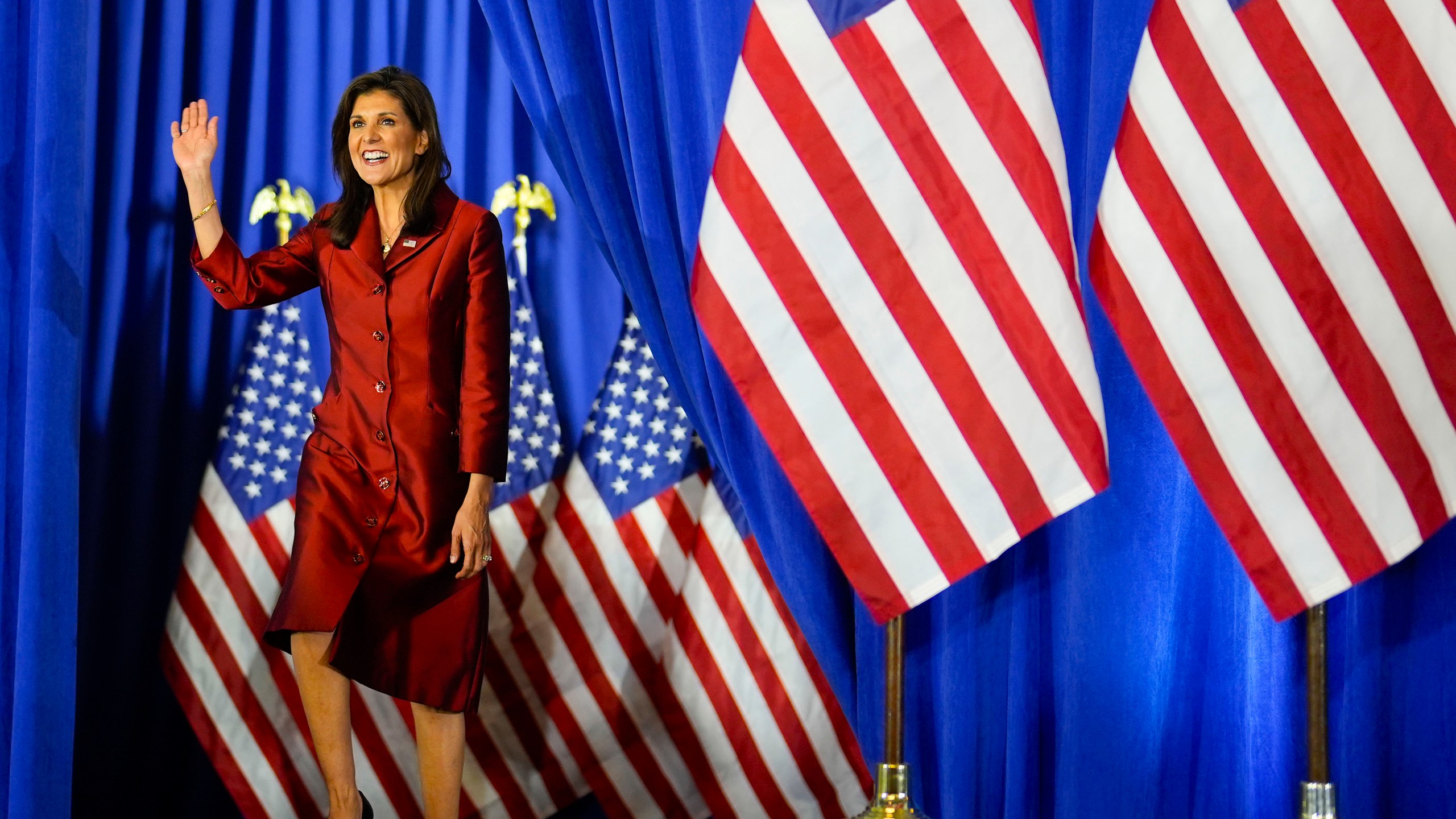 Republican presidential candidate former UN Ambassador Nikki Haley gestures as she arrives to speaks after the South Carolina presidential primary Saturday, Feb. 24, 2024, in Charleston, S.C. (AP Photo/Chris Carlson)