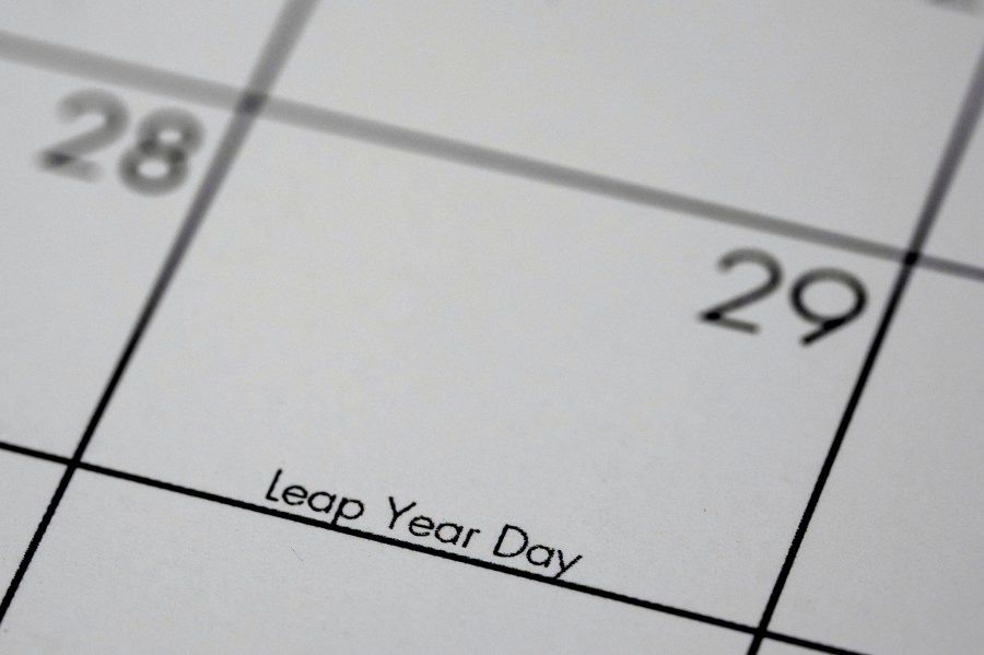 February, 29, otherwise know as leap year day, is shown on a calendar Sunday, Feb. 25, 2024, in Overland Park, Kan. Because it actually takes a bit longer than 365 days for the Earth to revolve around the sun, an extra day is added to the calendar in February every four years to make up make up for the that extra time. (AP Photo/Charlie Riedel)