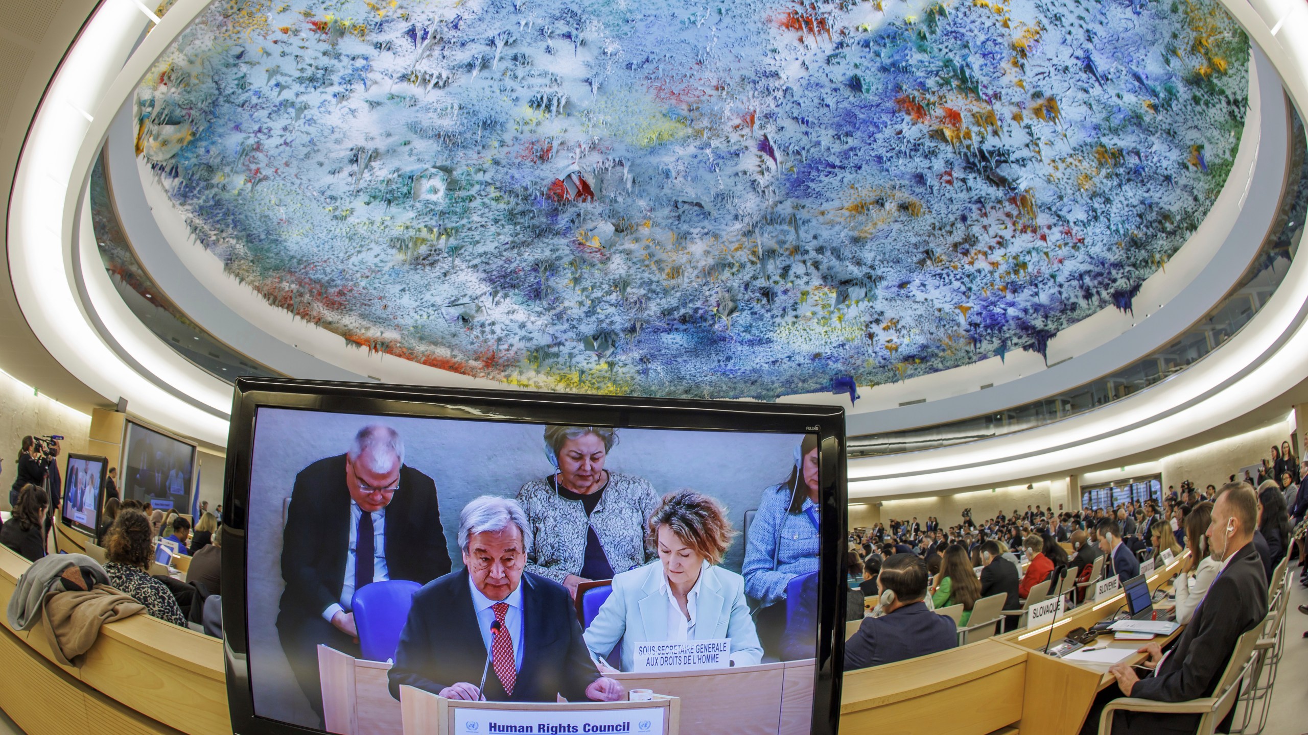 U.N. Secretary-General Antonio Guterres delivers his remarks, during the opening of the High-Level Segment of the 55th session of the Human Rights Council at the European headquarters of the United Nations in Geneva, Switzerland, Monday, Feb. 26, 2024. (Salvatore Di Nolfi/Keystone via AP)