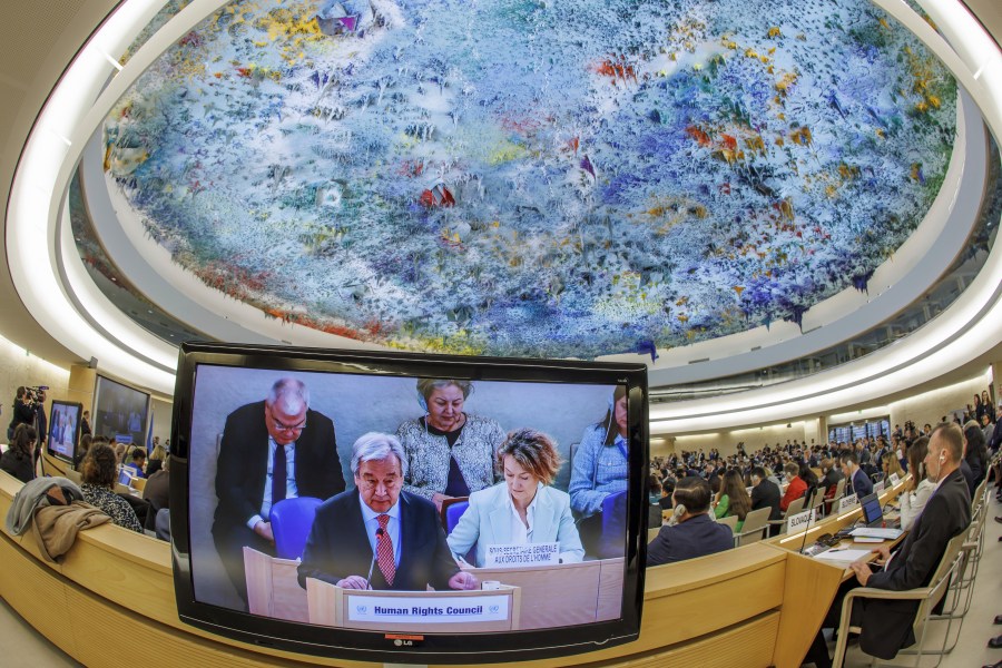 U.N. Secretary-General Antonio Guterres delivers his remarks, during the opening of the High-Level Segment of the 55th session of the Human Rights Council at the European headquarters of the United Nations in Geneva, Switzerland, Monday, Feb. 26, 2024. (Salvatore Di Nolfi/Keystone via AP)