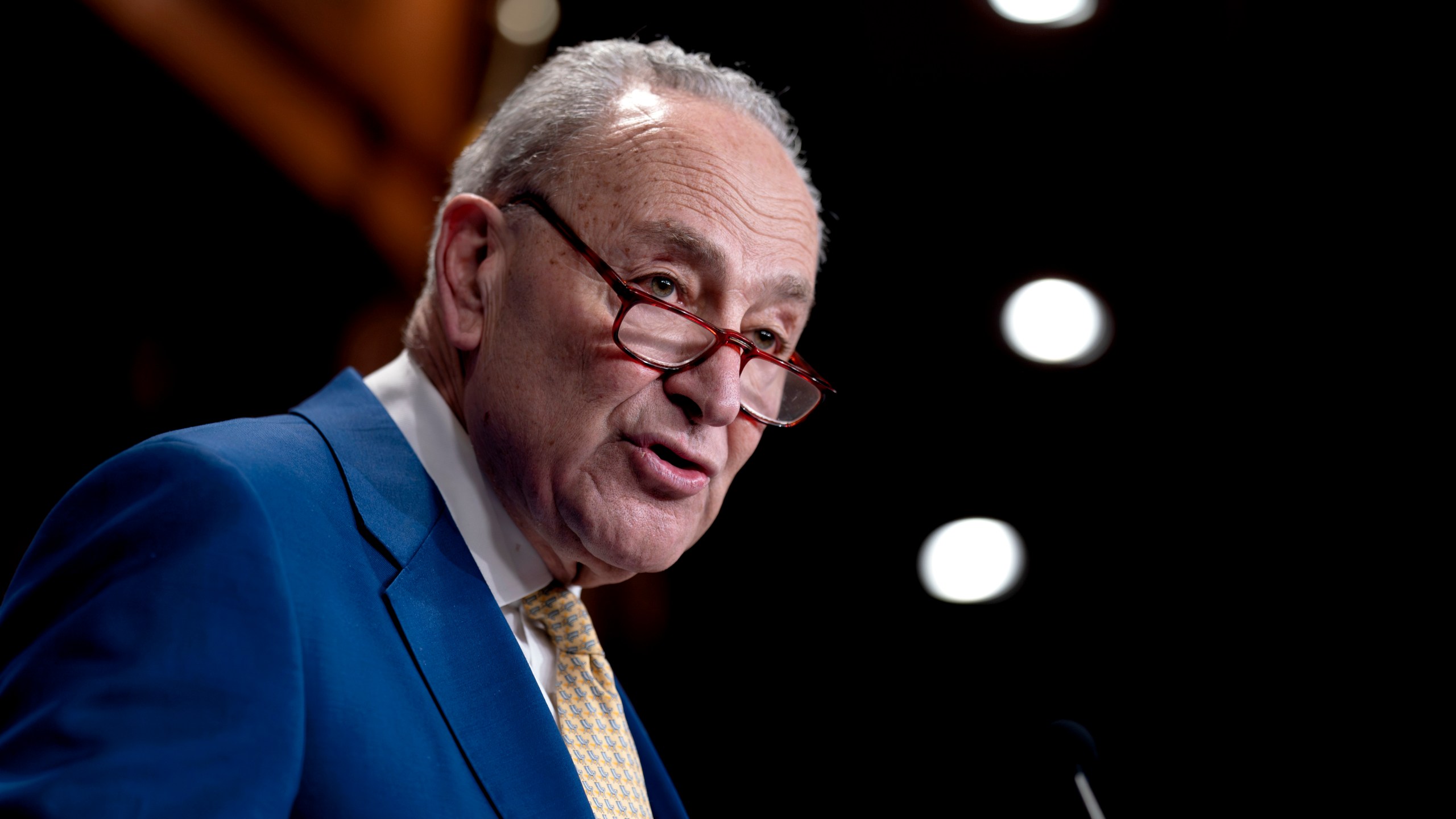 FILE - Senate Majority Leader Chuck Schumer, D-N.Y., speaks to reporters at the Capitol in Washington, Feb. 13, 2024. The chamber is expected to spend far less time on the impending impeachment trial of Homeland Security Secretary Alejandro Mayorkas over the Biden administration’s handling of the U.S.-Mexico border, than for former President Donald Trump's two trials, or maybe no time at all. If Schumer can muster a simple majority, Democrats could dismiss the trial outright or move to table the two articles. (AP Photo/J. Scott Applewhite, File)