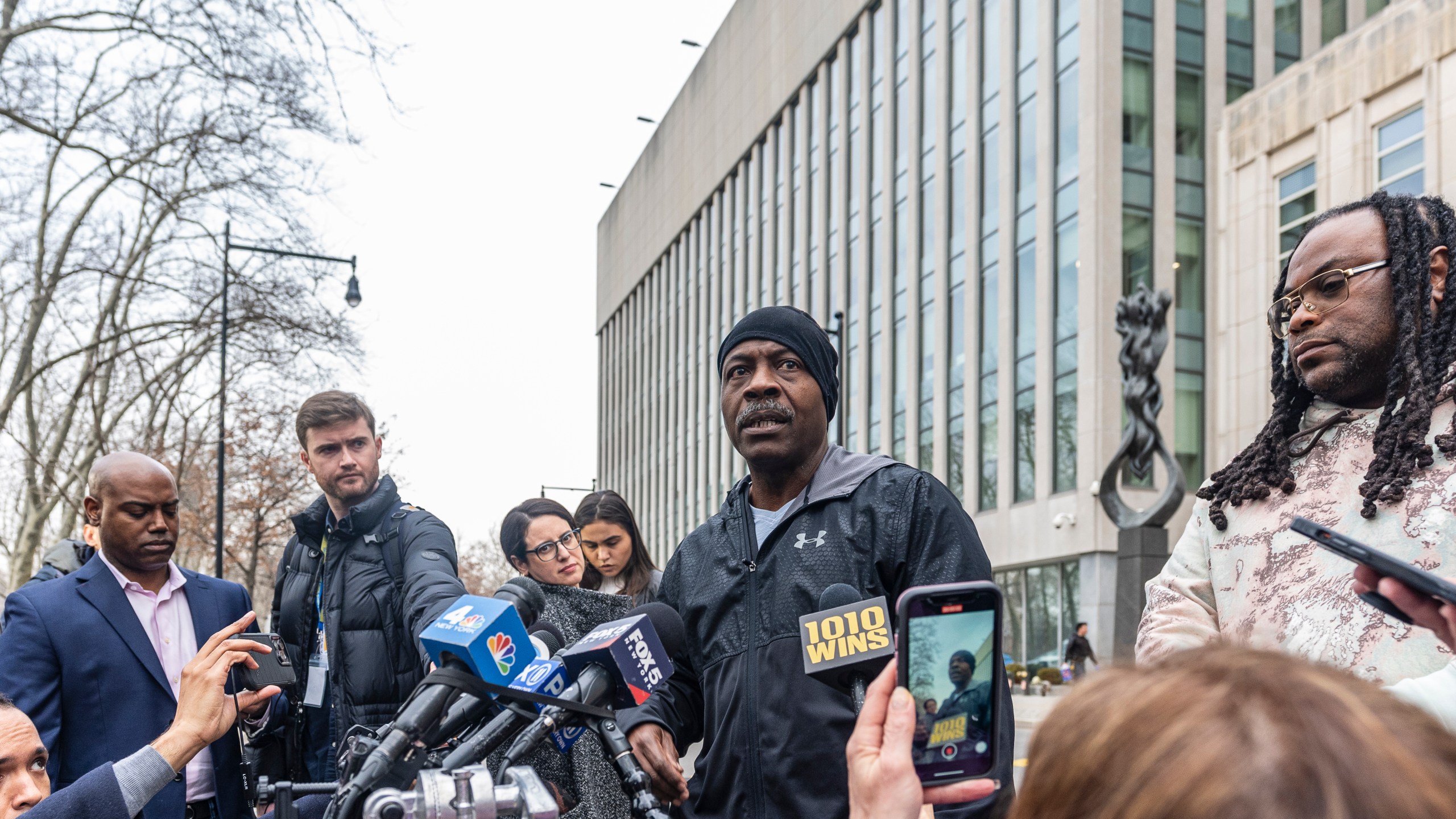 Carlis Thompson, cousin of Run-DMC star Jam Master Jay, speaks to media outside the United States Eastern District Courthouse Tuesday, Feb. 27, 2024, in Brooklyn, New York. (AP Photo/Peter K. Afriyie)