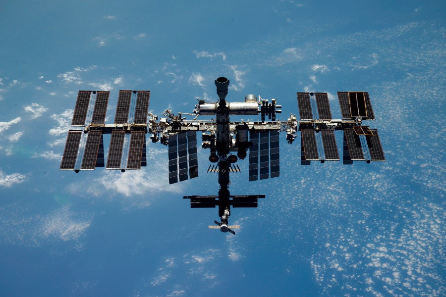 FILE - This undated photo released by the Roscosmos State Space Corporation shows the International Space Station (ISS). Russia's Roscosmos state corporation on Wednesday reported an air leak in the Russian segment of the International Space Station, but said it posed no threat to its crew. (Roscosmos State Space Corporation via AP, File)