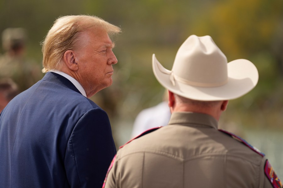 Republican presidential candidate former President Donald Trump listens as he visits the boat ramp at Shelby Park during a visit to the U.S.-Mexico border, Thursday, Feb. 29, 2024, in Eagle Pass, Texas. (AP Photo/Eric Gay)