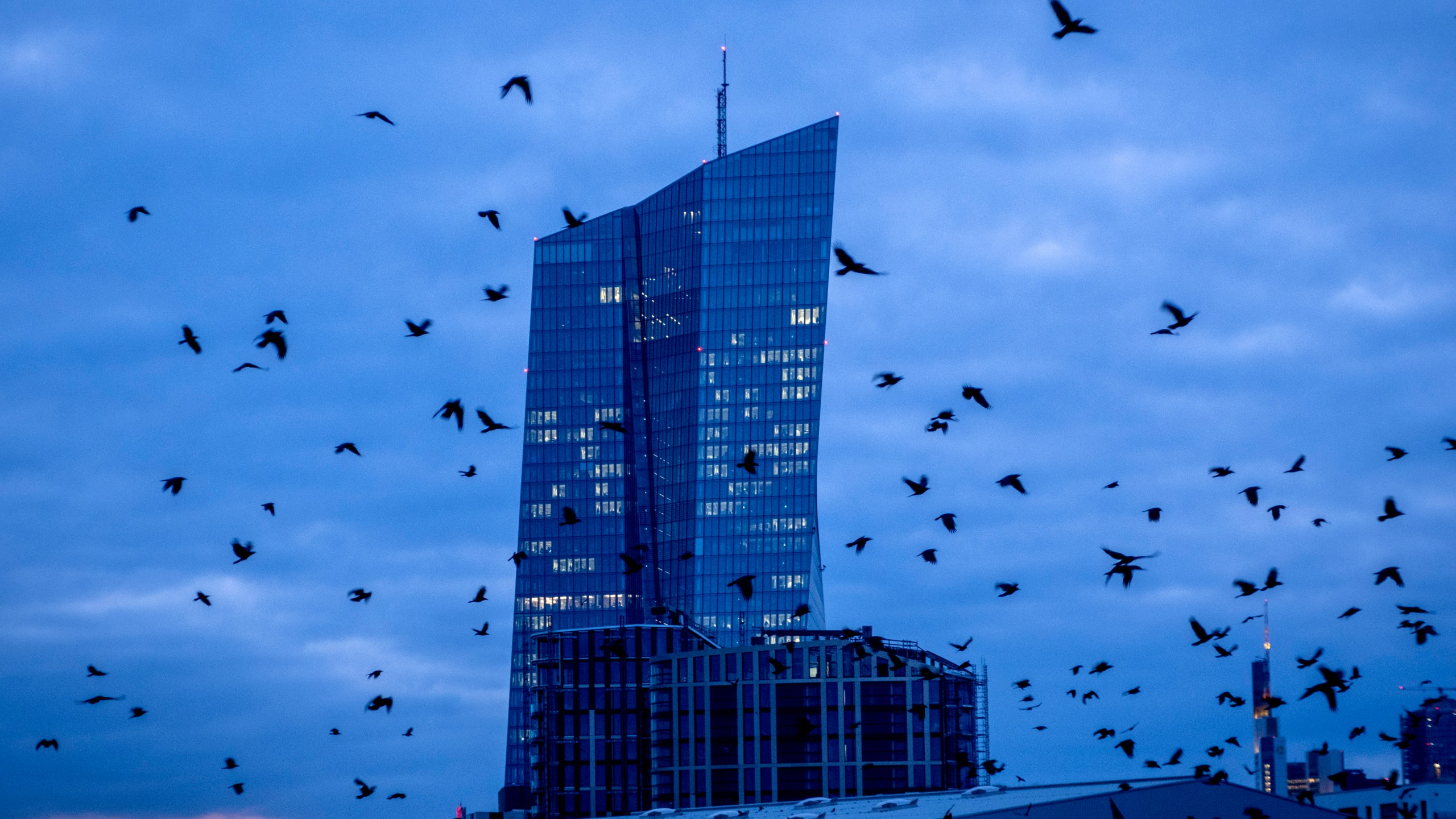 FILE - Crows fly in front of the European Central Bank in Frankfurt, Germany, on Feb. 26, 2024. The European Union's statistics agency Eurostat releases inflation figures for February on Friday March 1, 2024 amid speculation about when the European Central Bank will start cutting interest rates. (AP Photo/Michael Probst, File)