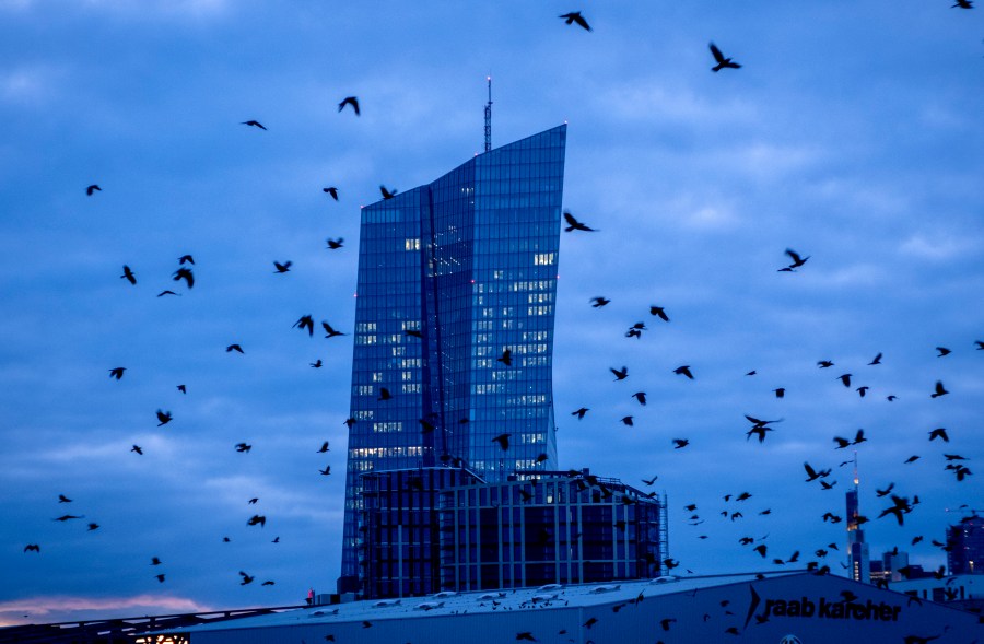 FILE - Crows fly in front of the European Central Bank in Frankfurt, Germany, on Feb. 26, 2024. The European Union's statistics agency Eurostat releases inflation figures for February on Friday March 1, 2024 amid speculation about when the European Central Bank will start cutting interest rates. (AP Photo/Michael Probst, File)