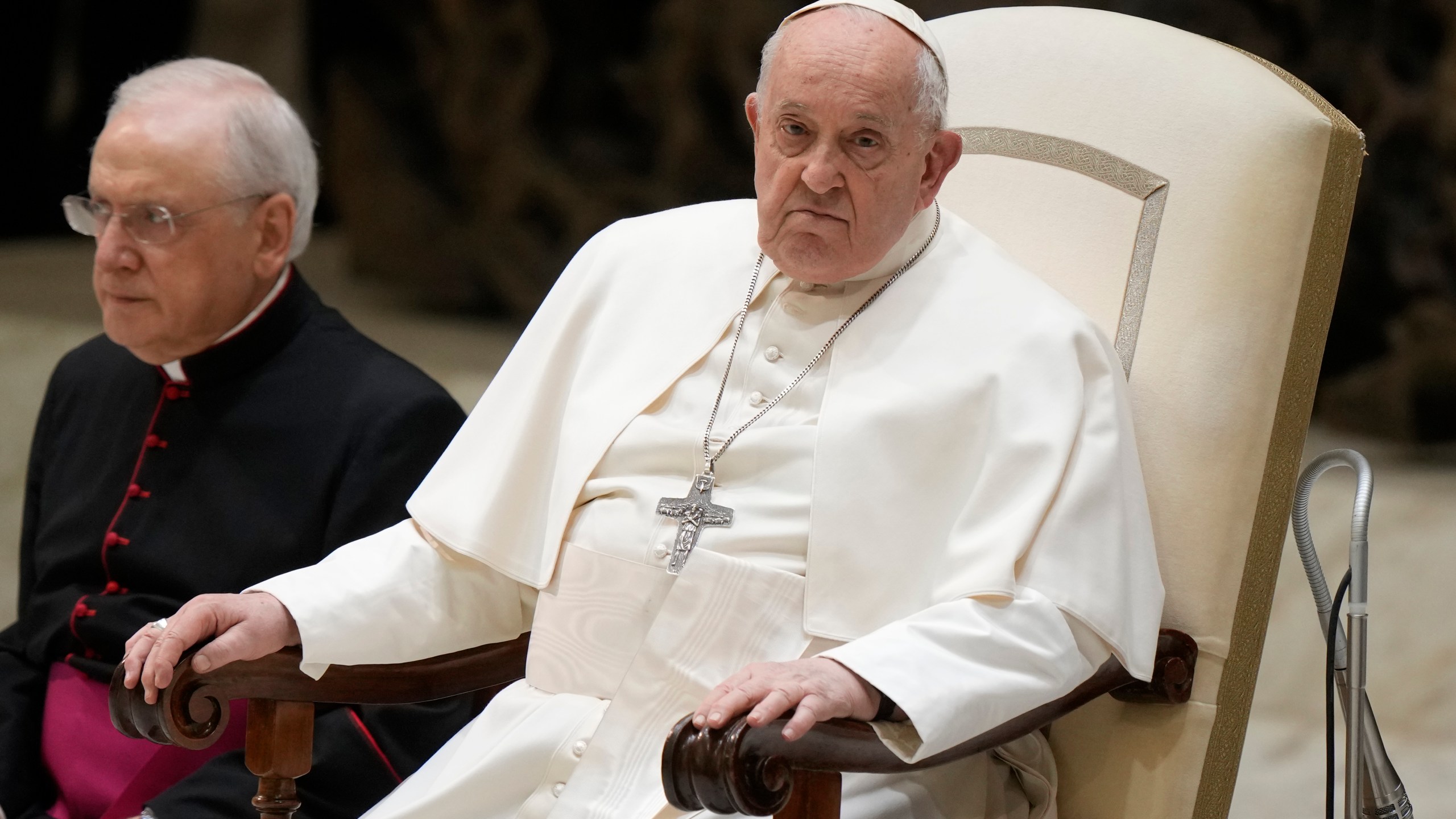 Pope Francis attends his weekly general audience in the Paul VI Hall, at the Vatican, Wednesday, Feb. 28, 2024. (AP Photo/Andrew Medichini)