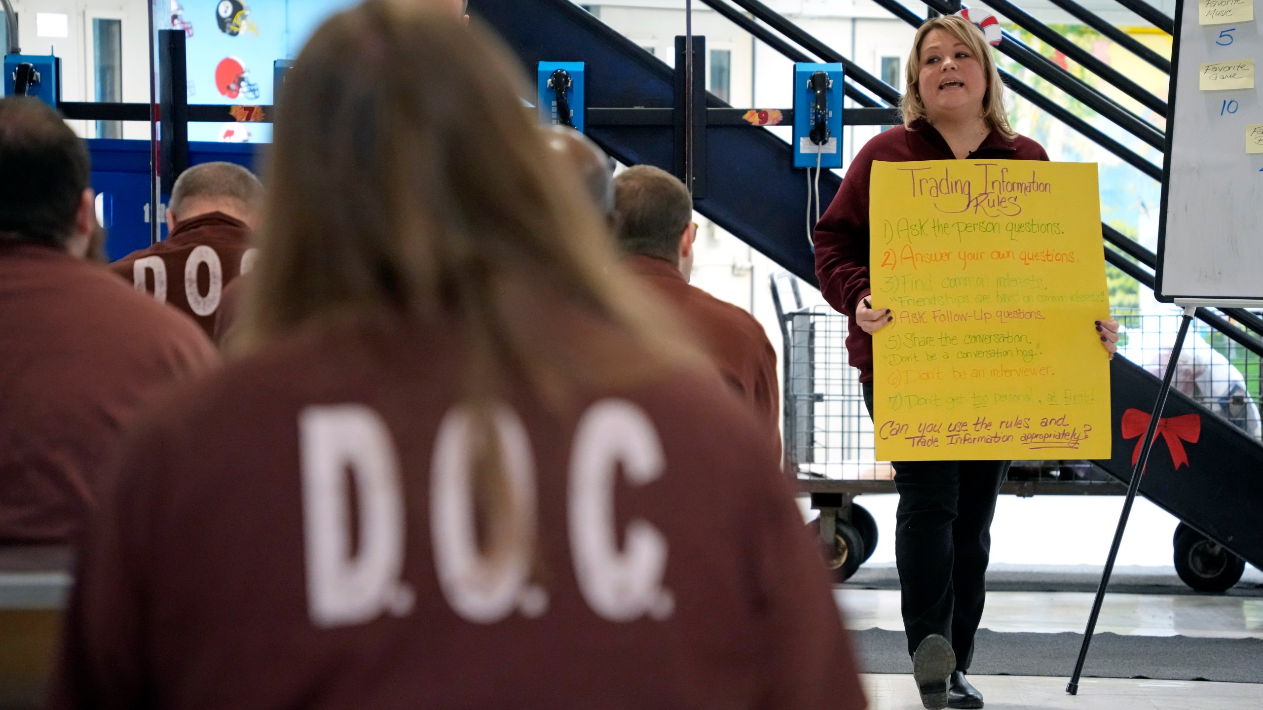 Prison psychological specialist Christine Ransom, right, leads a group session for inmates, Dec. 14, 2023, in the Neurodevelopmental Residential Treatment Unit at Pennsylvania's State Correctional Institution in Albion, Pa. The prison unit is helping men with autism and their intellectual and developmental disabilities stay safe behind bars while learning life skills. The unit is the first in the state and one of only a handful nationwide. (AP Photo/Gene J. Puskar)