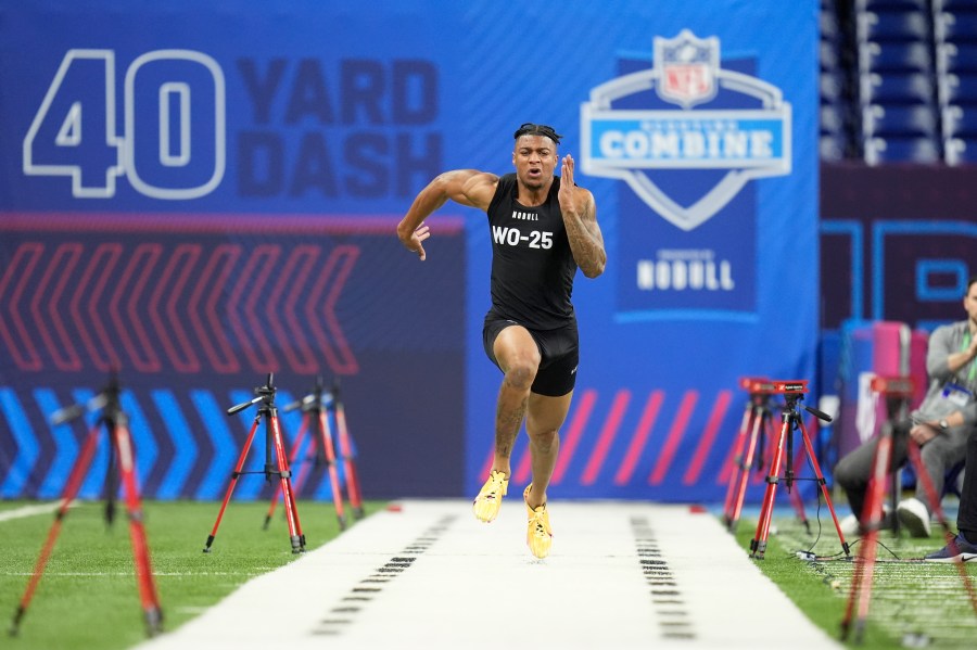 Southern California wide receiver Brenden Rice runs a drill at the NFL football scouting combine, Saturday, March 2, 2024, in Indianapolis. (AP Photo/Michael Conroy)