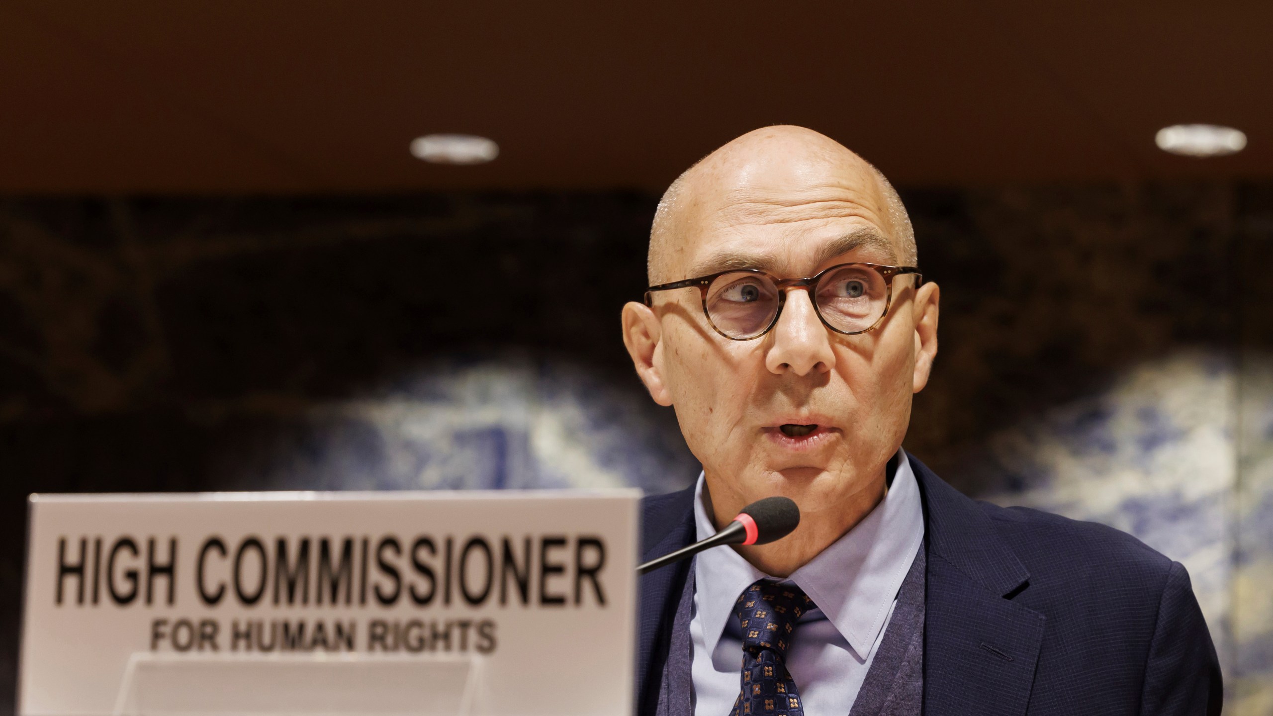 FILE - U.N. High Commissioner for Human Rights Volker Türk speaks at the European headquarters of the United Nations in Geneva, Switzerland, Thursday, Nov. 16, 2023. The U.N. human rights chief called Monday, March 4, 2024, for a quick end to the “repression of independent voices” in Russia and expressed concerns about the “persecution" of opposition leader Alexei Navalny, who died in prison last month. (Salvatore Di Nolfi/Keystone via AP, File)