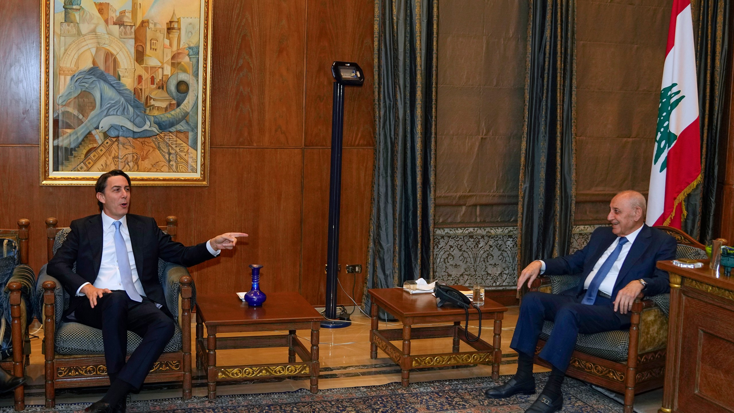 Senior Advisor to U.S. President Biden, Amos Hochstein, left, meets with Parliament Speaker Nabih Berri in Beirut, Lebanon, Monday, March 4, 2024. Hochstein, a senior adviser to U.S. President Joe Biden, discussed with Lebanese officials Monday a diplomatic solution for the Lebanon-Israel border saying that if a truce is reached in the Gaza Strip it will not automatically mean that there will be calm along Lebanon's southern border. (AP Photo/Bilal Hussein)