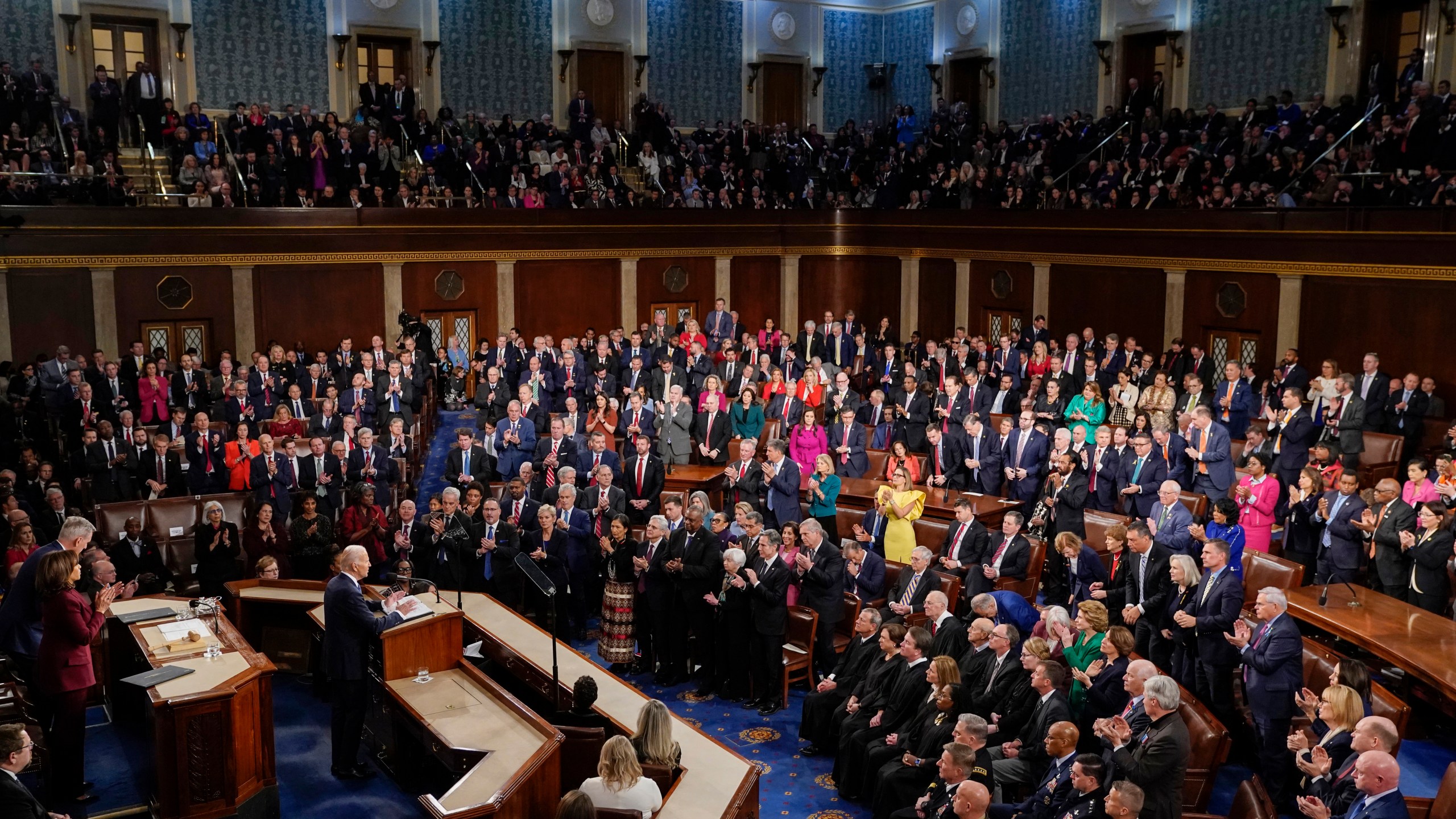 FILE - President Joe Biden delivers his State of the Union speech to a joint session of Congress, at the Capitol in Washington, Feb. 7, 2023. A poll shows that a growing share of U.S. adults doubt that 81-year-old President Joe Biden has the memory and acuity for the job. That means Biden's upcoming State of the Union address could be something of a real-time audition as he bids for a second term. (AP Photo/J. Scott Applewhite, File)