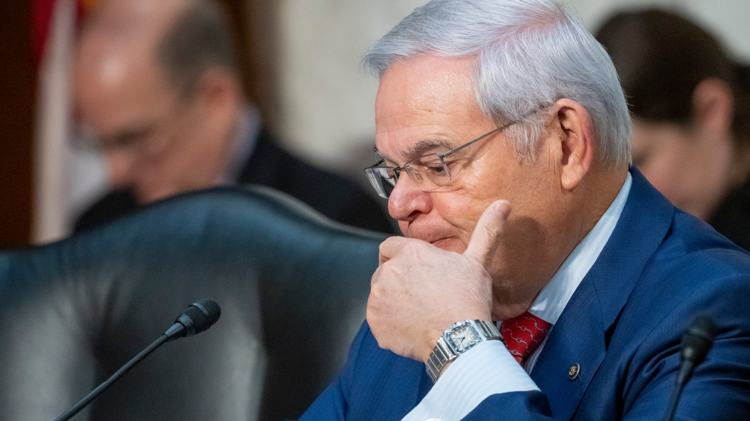 FILE - Sen. Bob Menendez, D-N.J., waits to speak during a Senate Banking, Housing, and Urban Affairs Committee oversight hearing, Dec. 6, 2023, in Washington. A federal judge on Monday, March 4, 2024, rejected Menendez’s claims that search warrants that led to corruption charges and the discovery of gold bars and cash at his New Jersey home were unconstitutional. (AP Photo/Alex Brandon, File)