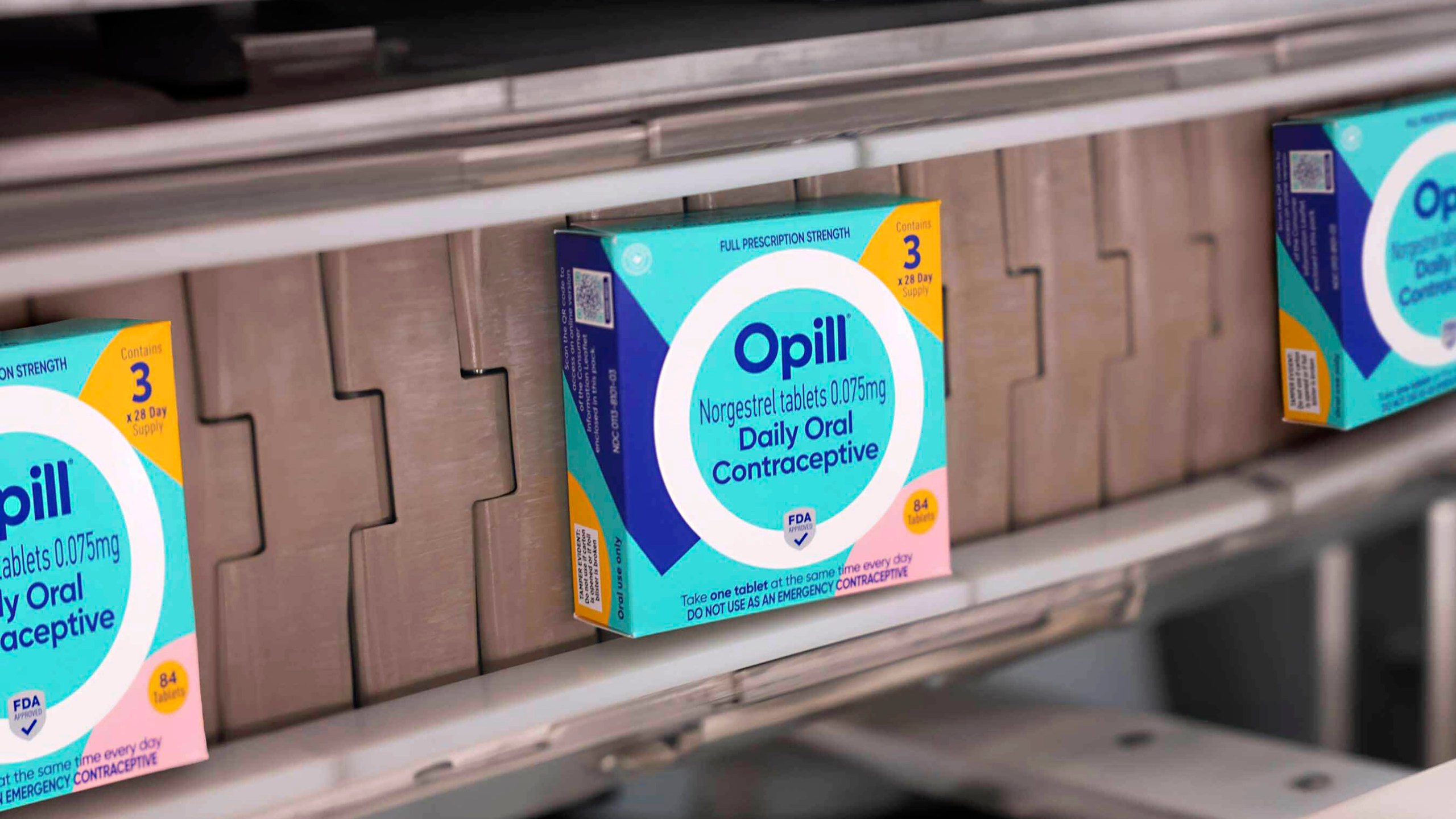 This image provided by Perrigo Company shows boxes of Opill, the first over-the-counter birth control pill available later this month in the United States. Manufacturer Perrigo said Monday, March 4, 2024 that it has begun shipping the medication, called Opill, to major retailers and pharmacies. (Perrigo Company via AP)