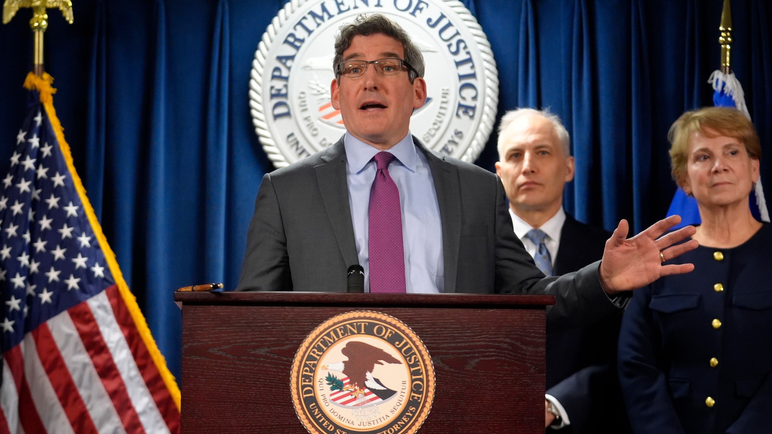 Joshua Levy, acting U.S. Attorney district of Massachusetts, left, faces reporters as Matthew Olsen, assistant attorney general justice department's national security division, center, and Nadine Pellegrini, chief of national security at the U.S Attorney's office, right, look on during a news conference, Monday, March 4, 2024, in Boston. Massachusetts Air National Guardsman Jack Teixeira plead guilty in federal court Monday to leaking highly classified military documents about Russia's war in Ukraine and other national security secrets. (AP Photo/Steven Senne)