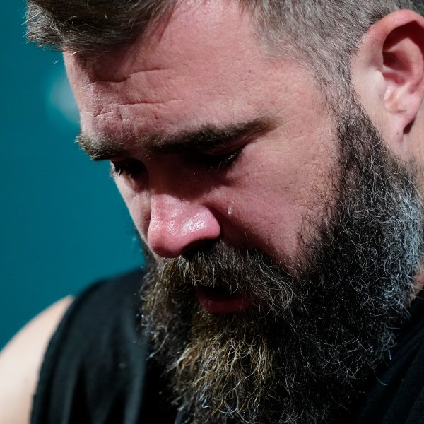 Philadelphia Eagles' Jason Kelce cries during an NFL football press conference announcing his retirement in Philadelphia, Monday, March 4, 2024. (AP Photo/Matt Rourke)