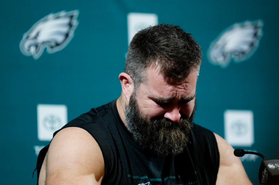 Philadelphia Eagles' Jason Kelce speaks during an NFL football press conference announcing his retirement in Philadelphia, Monday, March 4, 2024. (AP Photo/Matt Rourke)