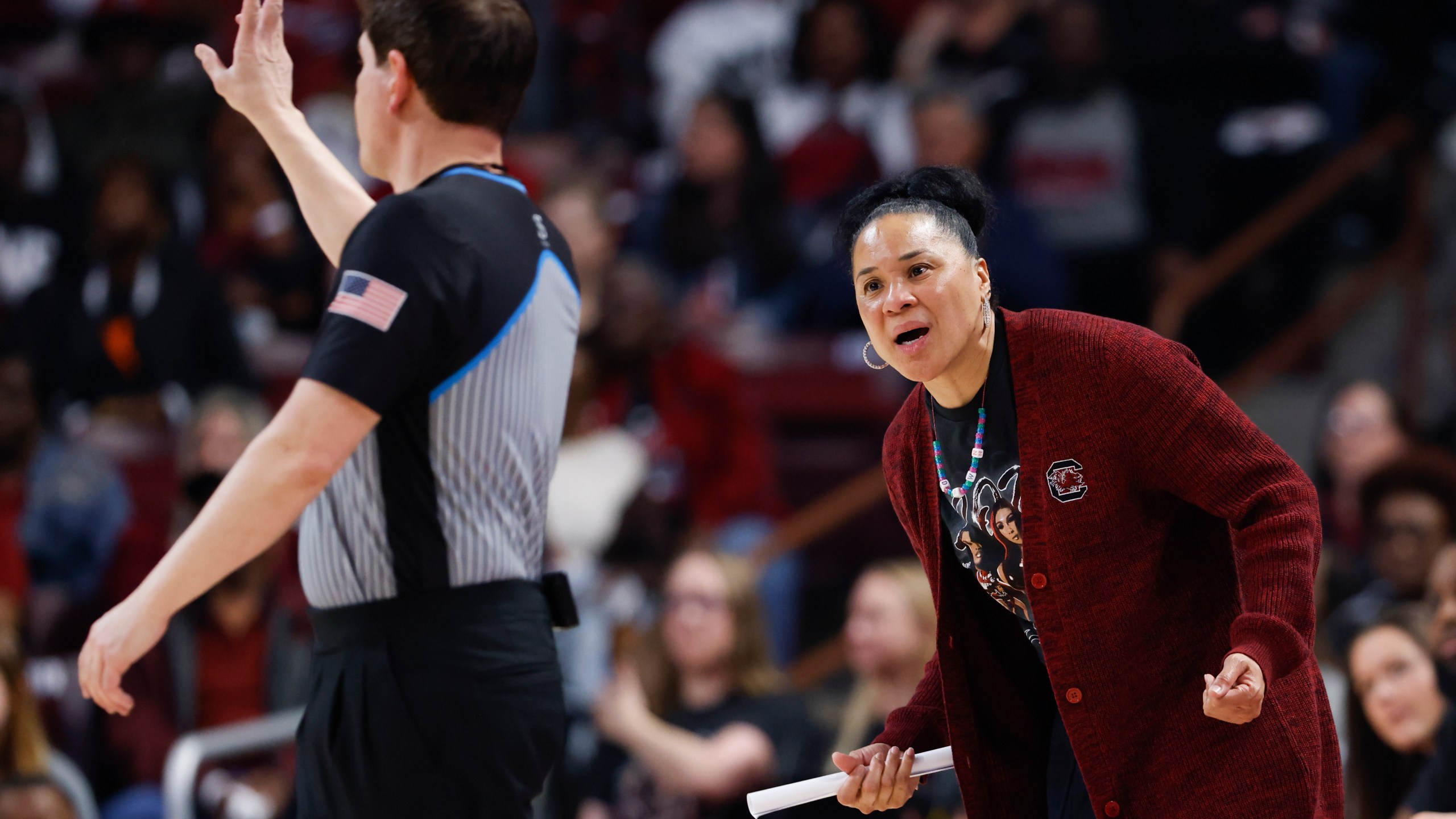 South Carolina head coach Dawn Staley argues a call during the first half of an NCAA college basketball game against Tennessee in Columbia, S.C., Sunday, March 3, 2024. (AP Photo/Nell Redmond)