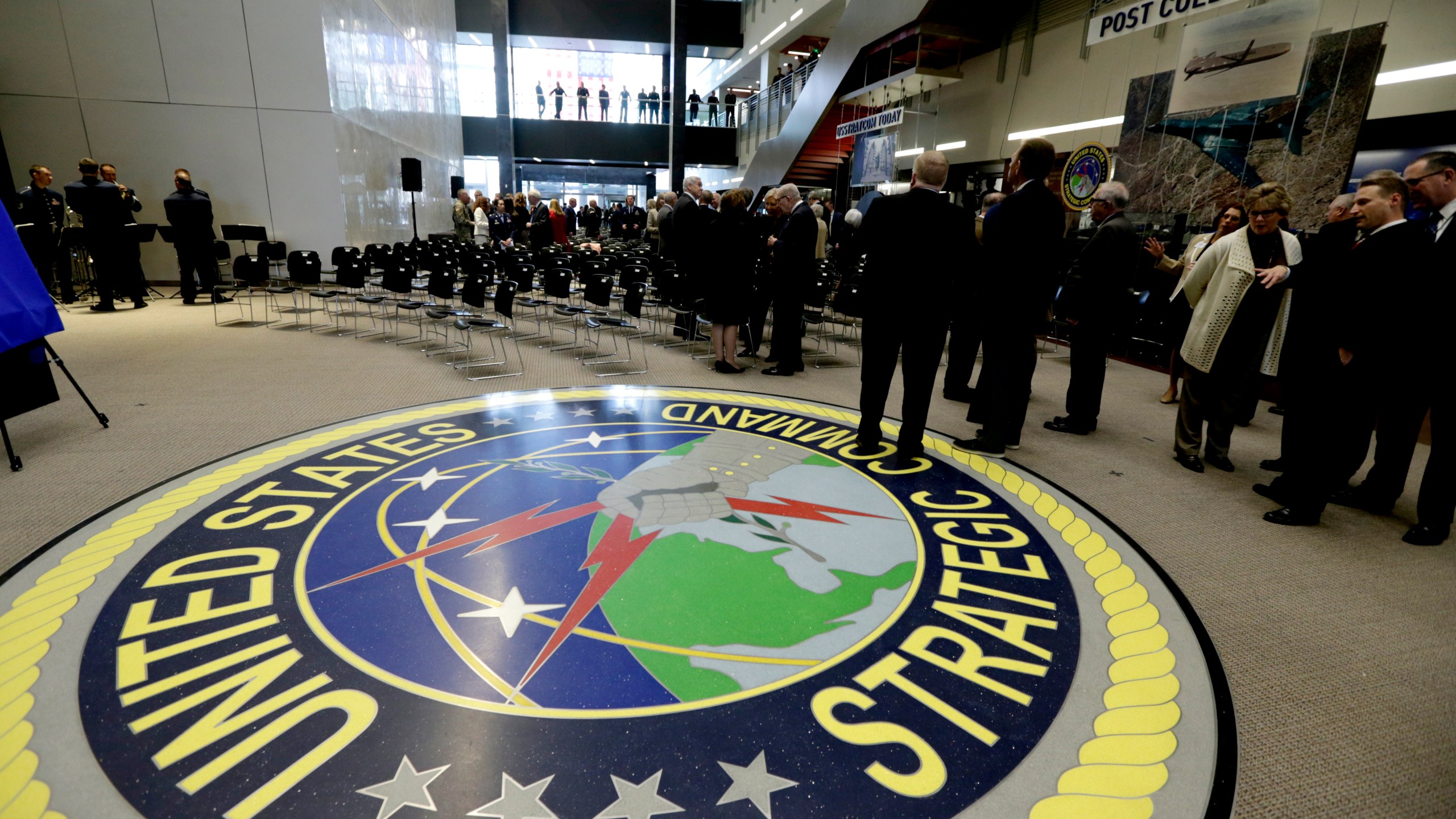 FILE - The atrium of C2F, US Strategic Command's new command and control facility at Offutt AFB in Neb., is seen before its dedication ceremony in honor of General Curtis E. LeMay Nov. 18, 2019. The Justice Department says a civilian U.S. Air Force employee has been charged in federal court in Nebraska with transmitting classified information about Russia's war with Ukraine on a foreign online dating platform. (AP Photo/Nati Harnik, File)