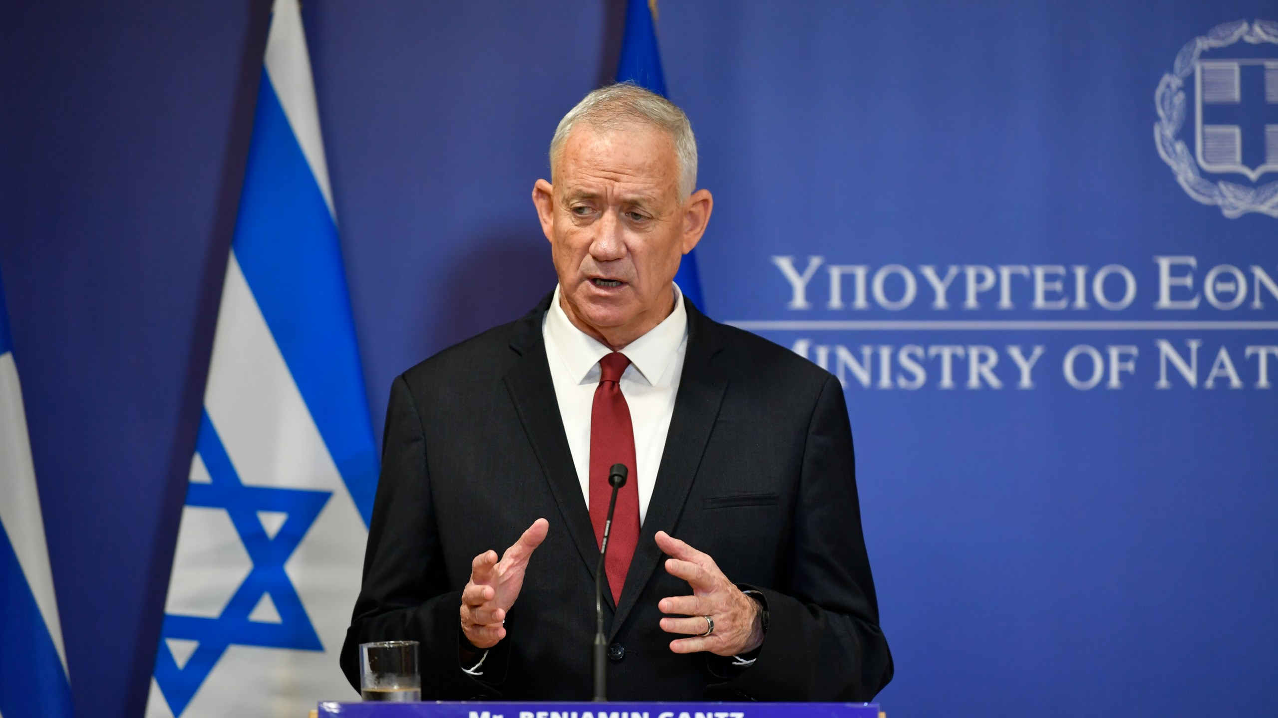 FILE - Israeli Defense Minister Benny Gantz, speaks during a joint press conference with his Greek counterpart Nikos Panagiotopoulos, at the Greek Ministry of Defence, in Athens, Greece, on Nov. 18, 2022. Benny Gantz, who is in Washington this week for meetings with U.S. leaders, is a crucial member of Israel’s War Cabinet. He is also the top political rival to Israeli Prime Minister Benjamin Netanyahu. Gantz is a centrist politician who joined Netanyahu’s ultranationalist and religious government soon after Hamas’ Oct. 7 attack on southern Israel. (AP Photo/Michael Varaklas, File)