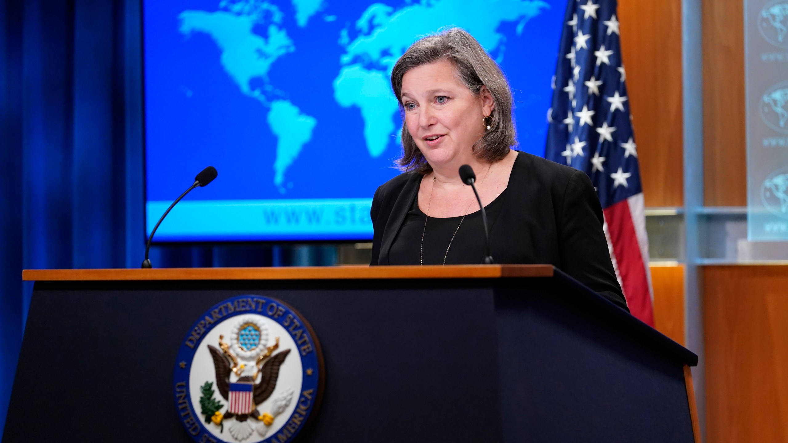 FILE - State Department Under Secretary for Public Affairs Victoria J. Nuland speaks during a briefing at the State Department in Washington, Jan. 27, 2022. Nuland, the third-highest ranking U.S. diplomat and frequent target of criticism for her hawkish views on Russia and its actions in Ukraine, will leave her post this month, the State Department said Tuesday. (AP Photo/Susan Walsh, Pool, File)