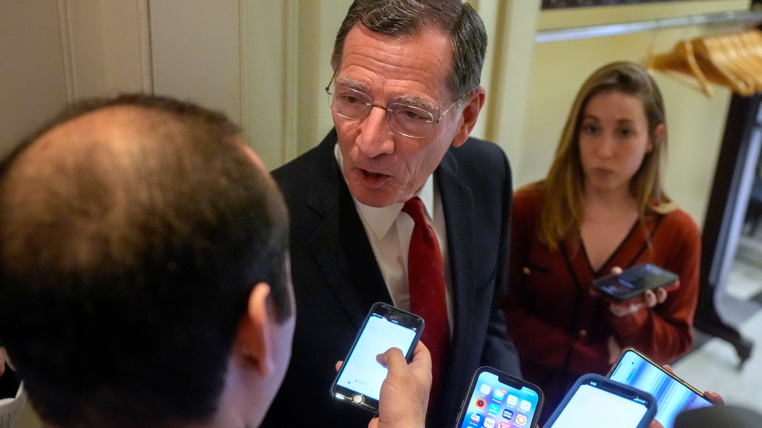 Sen. John Barrasso, R-Wyo., speaks with members of the media, Wednesday, Feb. 28, 2024, at the Capitol in Washington. Earlier Sen. Mitch McConnell announced that he'll step down as Senate Republican leader in November. (AP Photo/Mark Schiefelbein)