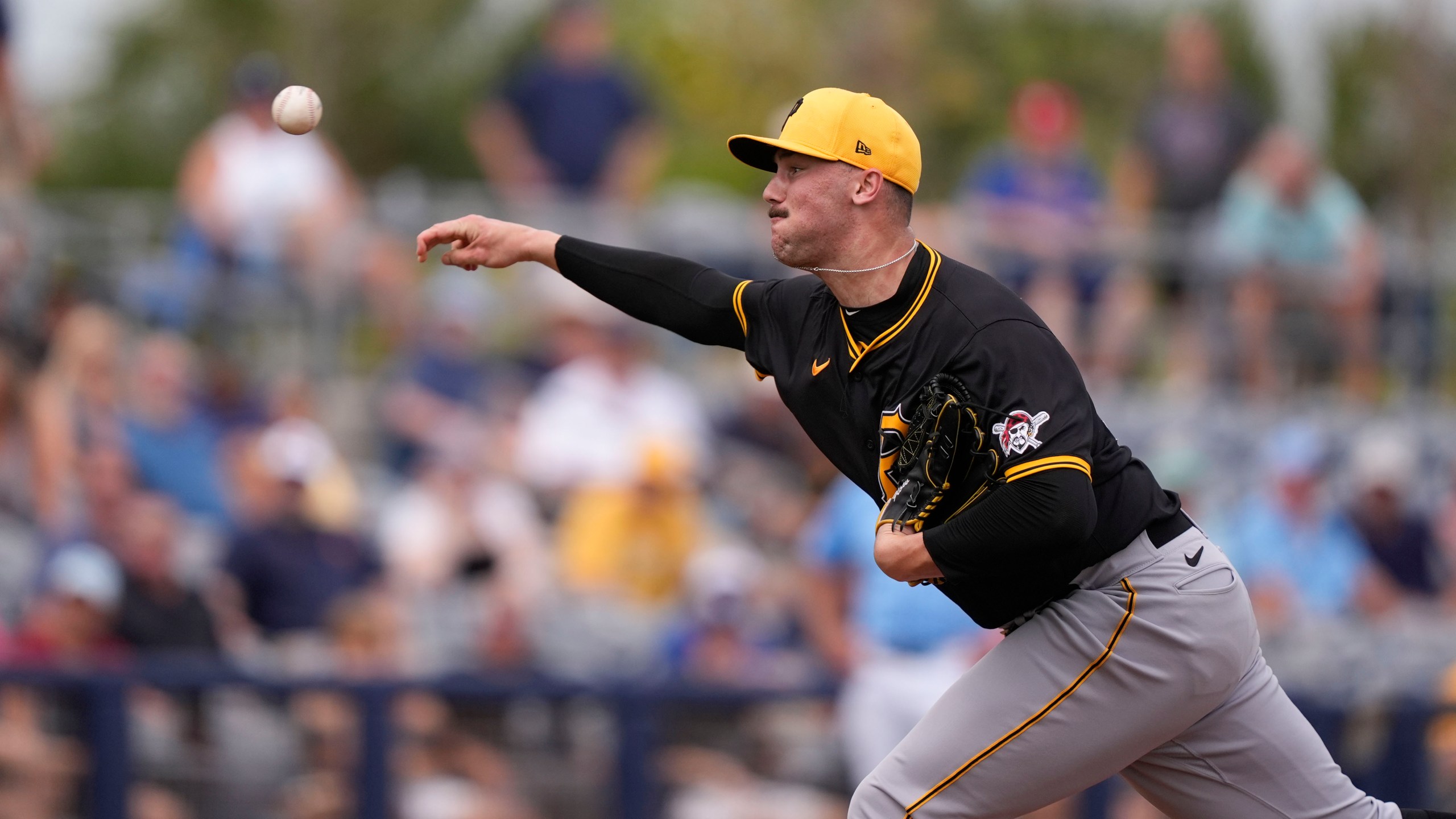 Pittsburgh Pirates pitcher Paul Skenes throws the pitch that resulted in a solo home run by Tampa Bay Rays Amed Rosario in the fourth inning of a spring training baseball game in Port Charlotte, Fla., Monday, March 4, 2024. (AP Photo/Gerald Herbert)