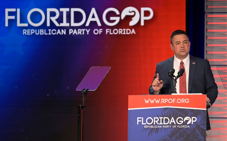 FILE - Florida Party of Florida Chairman Christian Ziegler addresses attendees at the Republican Party of Florida Freedom Summit, Nov. 4, 2023, in Kissimmee, Fla. The ousted former chair of the Republican Party of Florida will not face a video voyeurism charge for recording a sexual encounter with a woman who accused him of rape, for which he was also not charged, prosecutors said Wednesday, March 6, 2024. (AP Photo/Phelan M. Ebenhack, File)