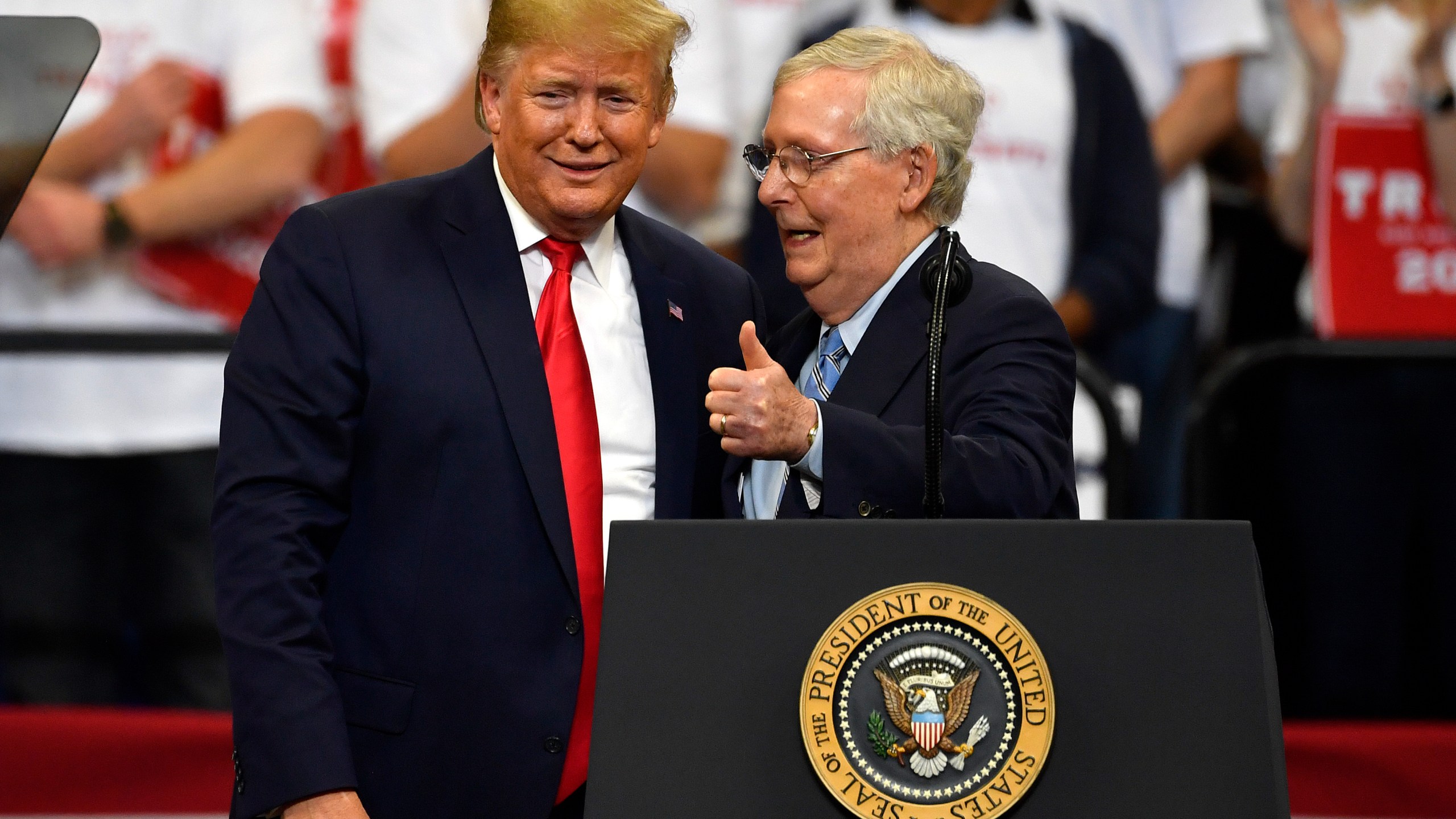 FILE - Then President Donald Trump, left, and Senate Majority Leader Mitch McConnell of Ky., greet each other during a campaign rally in Lexington, Ky., Nov. 4, 2019. McConnell has endorsed Donald Trump for president. McConnell announced his decision after Super Tuesday wins pushed Trump, who is the GOP front-runner, closer to the party nomination. It’s a remarkable turnaround for McConnell, who has blamed Trump for “disgraceful” acts in the Jan. 6, 2021, attack on the Capitol. (AP Photo/Timothy D. Easley, File)