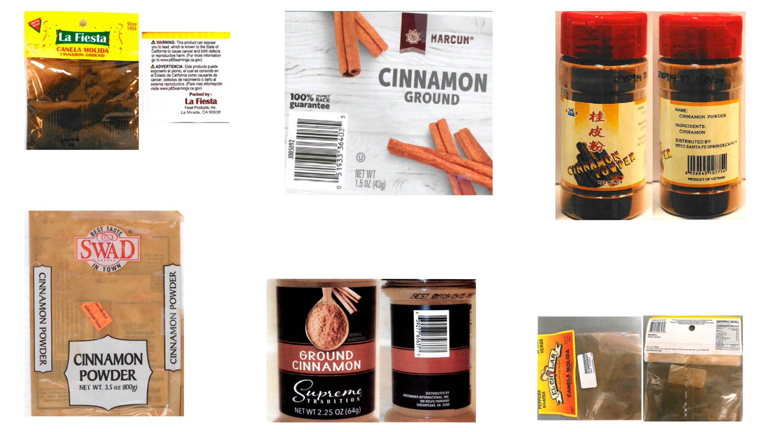 This combination of photos provided by the U.S. Food and Drug Administration on Wednesday, March 6, 2024 shows cinnamon products sold in U.S. discount stores which contain elevated levels of lead. Top row from left are distributed by La Fiesta Food Products of La Miranda, Calif.; Moran Foods, LLC of Saint Ann, Mo., and MTCI of Santa Fe Springs, Calif. Bottom row from left are from Raja Foods LLC of Skokie, Ill.; Greenbriar International, Inc. of Chesapeake, Va., and El Chilar of Apopka, Fla. (FDA via AP)