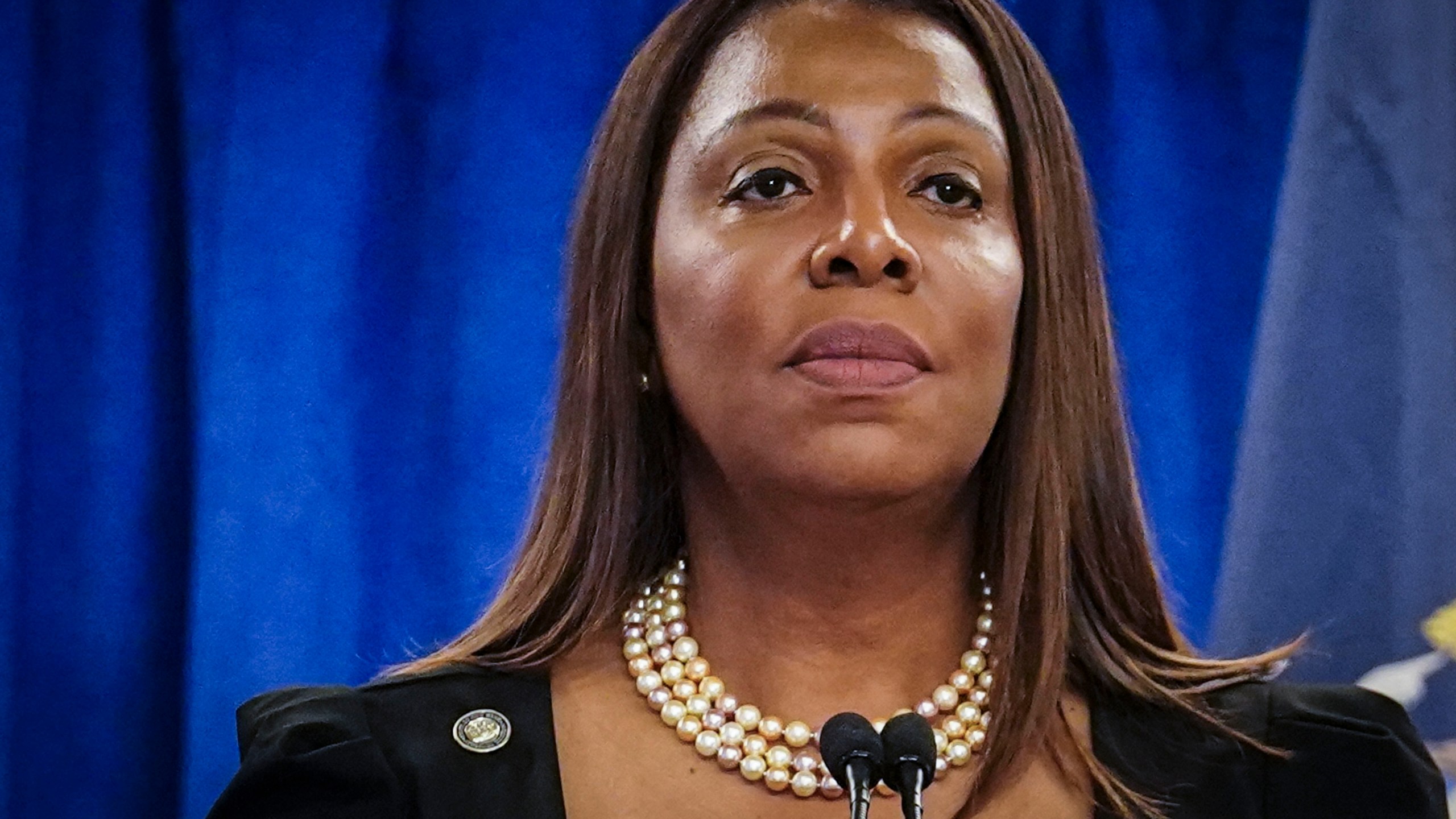 FILE - New York Attorney General Letitia James speaks during a press briefing, Friday, Feb. 16, 2024, in New York. A federal judge on Wednesday, March 6, 2024, permanently banned a Florida gun retailer from shipping gun parts to New York that officials say can be used to assemble untraceable ghost guns and sold without background checks. (AP Photo/Bebeto Matthews, File)