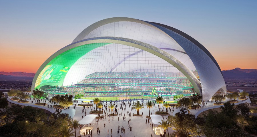 The Oakland Athletics and their design teams released renderings Tuesday, March 5, 2024 of the club's planned $1.5 billion stadium in Las Vegas that show five overlapping layers with a similar look to the famous Sydney Opera House. (Negativ via AP)