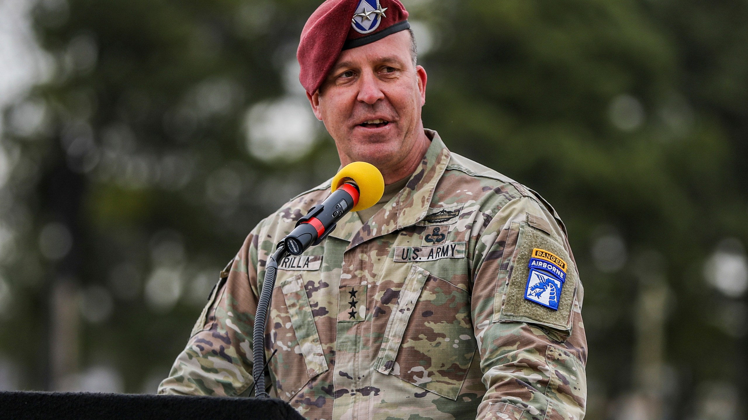 Then Lt. Gen. Michael "Erik" Kurilla gives a speech March 5, 2021, in Fort Campbell, Ky. Army Gen. Kurilla, head of U.S. Central Command, told a Senate committee Thursday, March 7, 2024, that exploding violence in the Middle East, fueled by Iran, presents the most likely threat to the U.S. homeland, and the risk of an attack by violent extremists in Afghanistan on American and Western interests abroad is increasing, the top U.S. commander for the Mideast. (Spc. Andrea Notter/U.S. Army via AP)