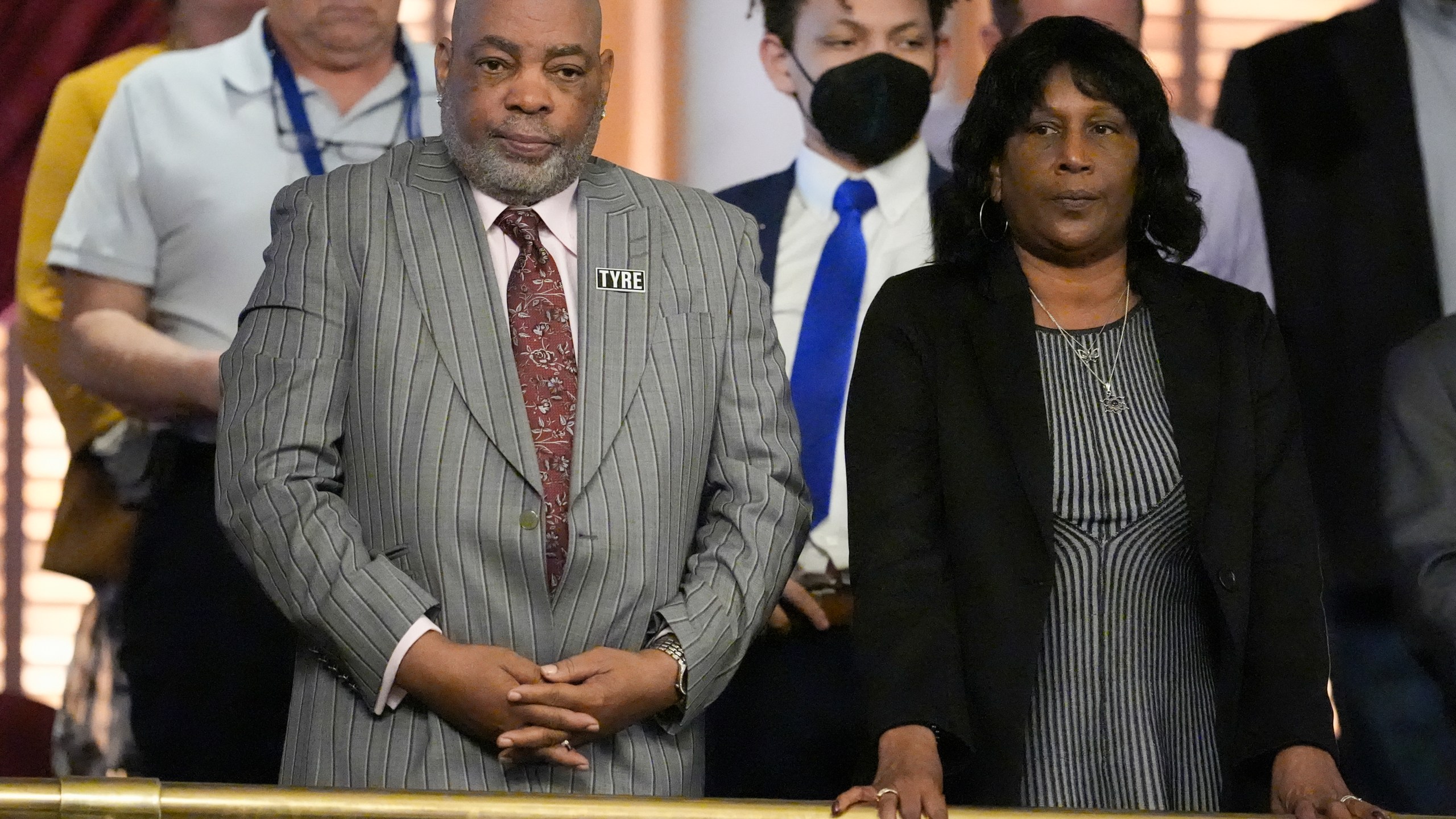 Rodney and RowVaughn Wells, the parents of Tyre Nichols, attend a House session of the state legislature Monday, March 4, 2024, in Nashville, Tenn. Nichols was beaten by five Memphis police officers during a traffic stop and died of his injuries in January 2023. (AP Photo/George Walker IV)