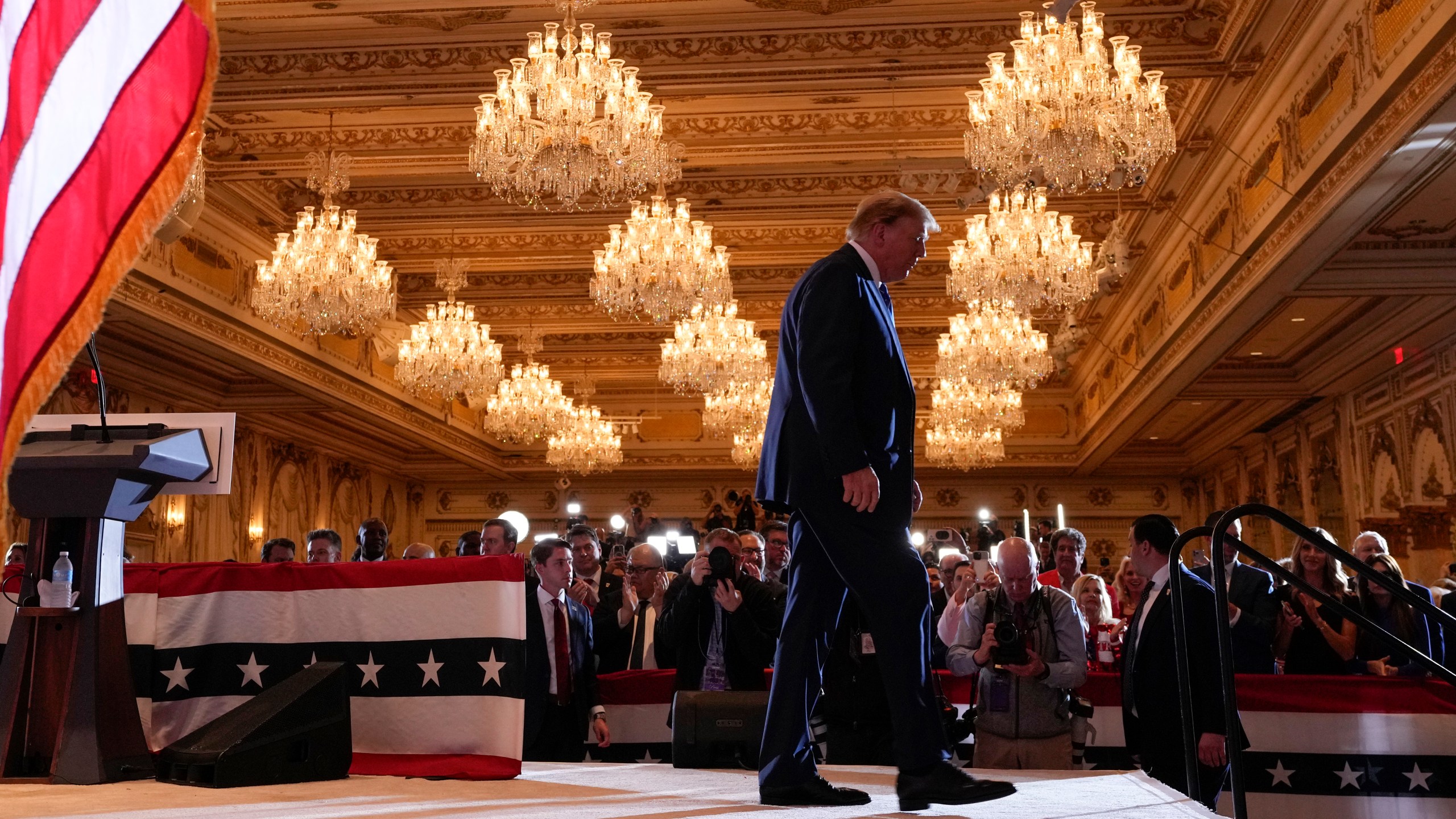 Republican presidential candidate former President Donald Trump departs after speaking at a Super Tuesday election night party Tuesday, March 5, 2024, at Mar-a-Lago in Palm Beach, Fla. (AP Photo/Evan Vucci)