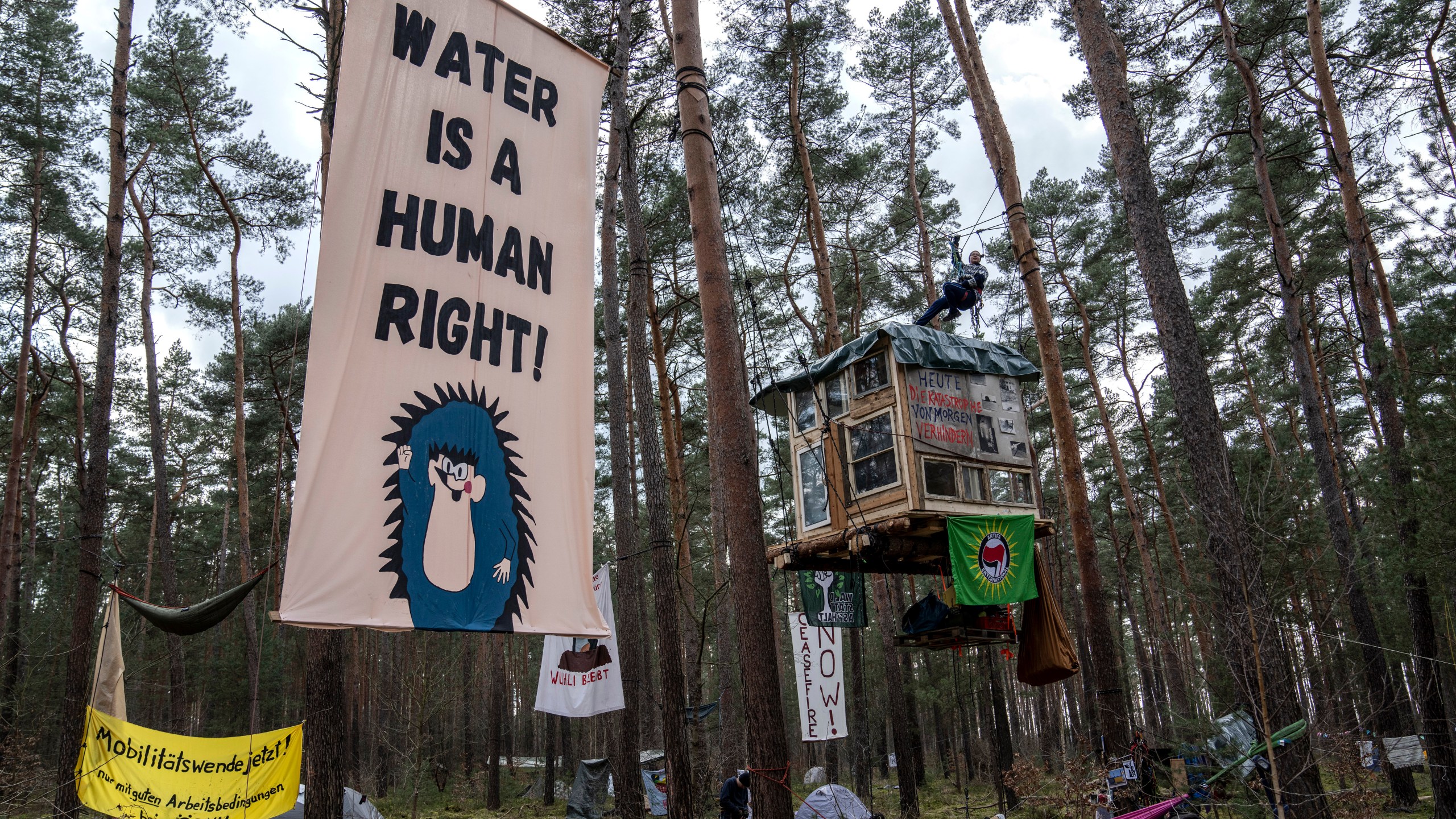 A view of tree houses set up by activists near the Tesla Gigafactory for electric cars in Gruenheide near Berlin, Germany, Tuesday, March 5, 2024. Production at Tesla's electric vehicle plant in Germany came to a standstill and workers were evacuated after a power outage that officials suspect was caused by arson. The interior ministry in the state of Brandenburg says unidentified people are suspected of deliberately setting fire to a high-voltage transmission line on a power pylon. (AP Photo/Ebrahim Noroozi)
