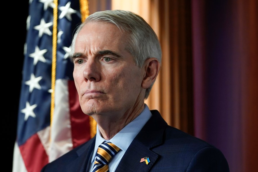 FILE - Sen. Rob Portman, R-Ohio, listens during a news conference about the border, Wednesday, Dec. 21, 2022, on Capitol Hill in Washington. Republican Matt Dolan has landed the endorsement of Portman, Friday, March 8, 2024, in the fractious three-way primary to take on Democratic U.S. Sen. Sherrod Brown this fall, a potentially important boost in the final run-up to the contest. (AP Photo/Mariam Zuhaib, File)