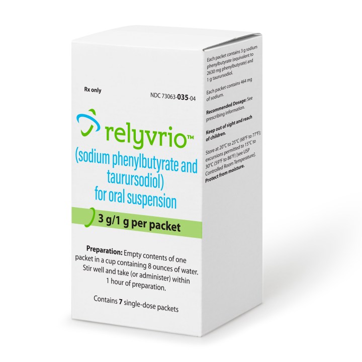 FILE - This image provided by Amylyx Pharmaceuticals shows the drug Relyvrio. The maker of a much-debated drug for Lou Gehrig’s disease said Friday, March 8, 2024 its therapy failed to help patients in a large follow-up study, but stopped short of committing to follow through on a prior pledge to pull the drug from the U.S. market. (Amylyx Pharmaceuticals via AP)