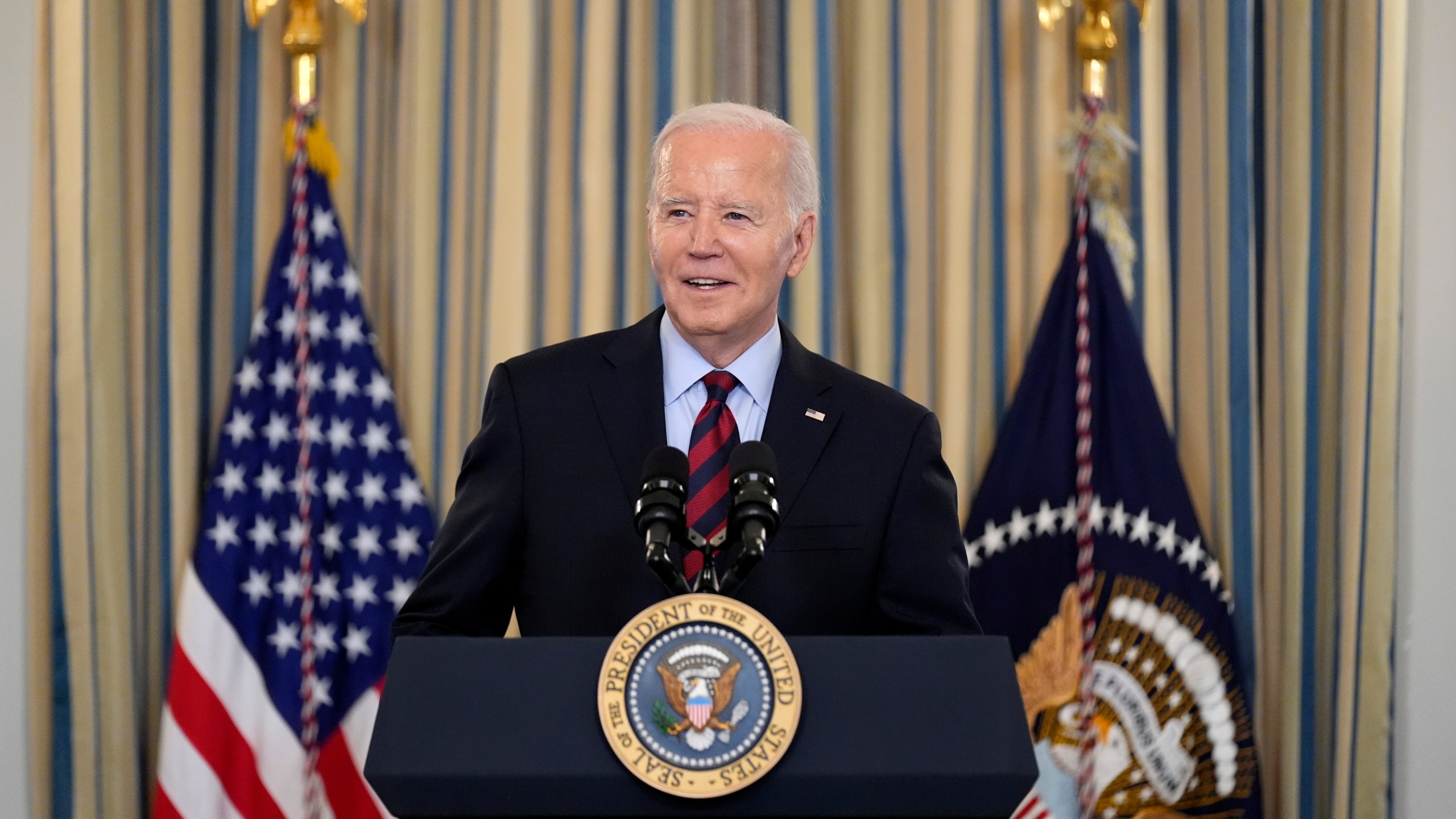 President Joe Biden speaks during a meeting of his Competition Council to announce new actions to lower costs for families in the State Dining Room of the White House in Washington, Tuesday, March 5, 2024. (AP Photo/Andrew Harnik)