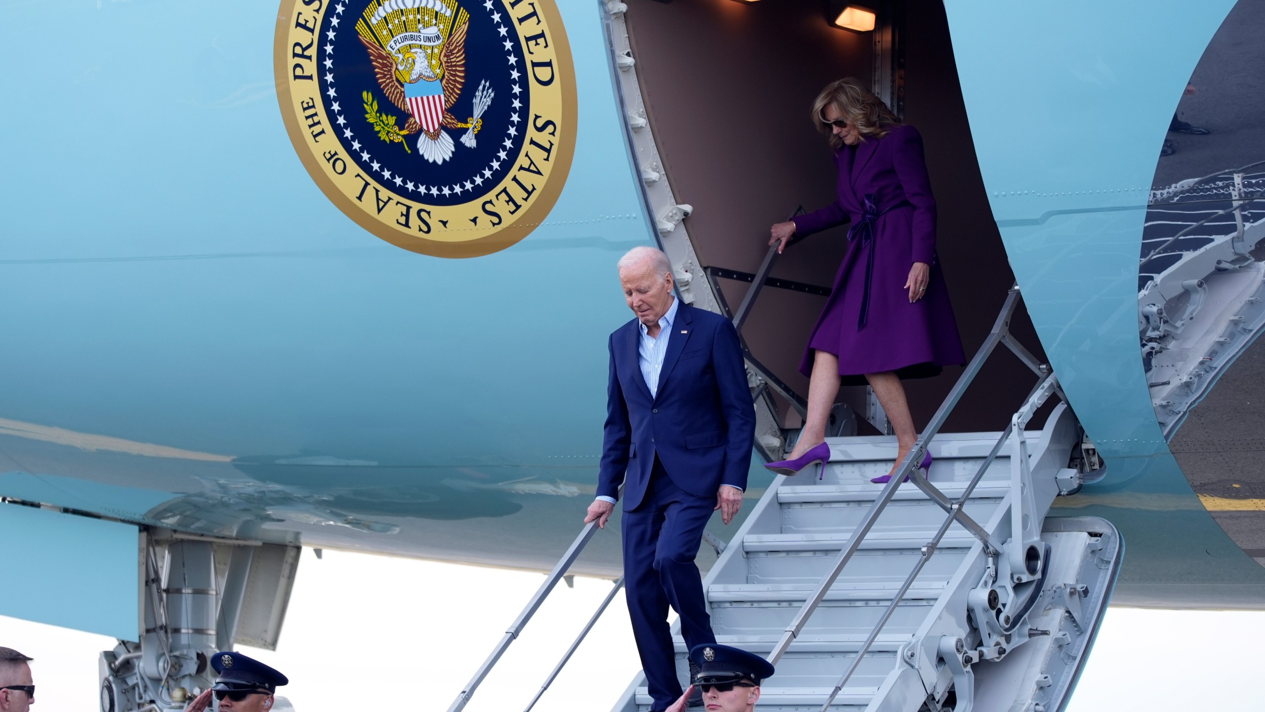 President Joe Biden and first lady Jill Biden arrive at Philadelphia International Airport, Friday, March 8, 2024. (AP Photo/Manuel Balce Ceneta)