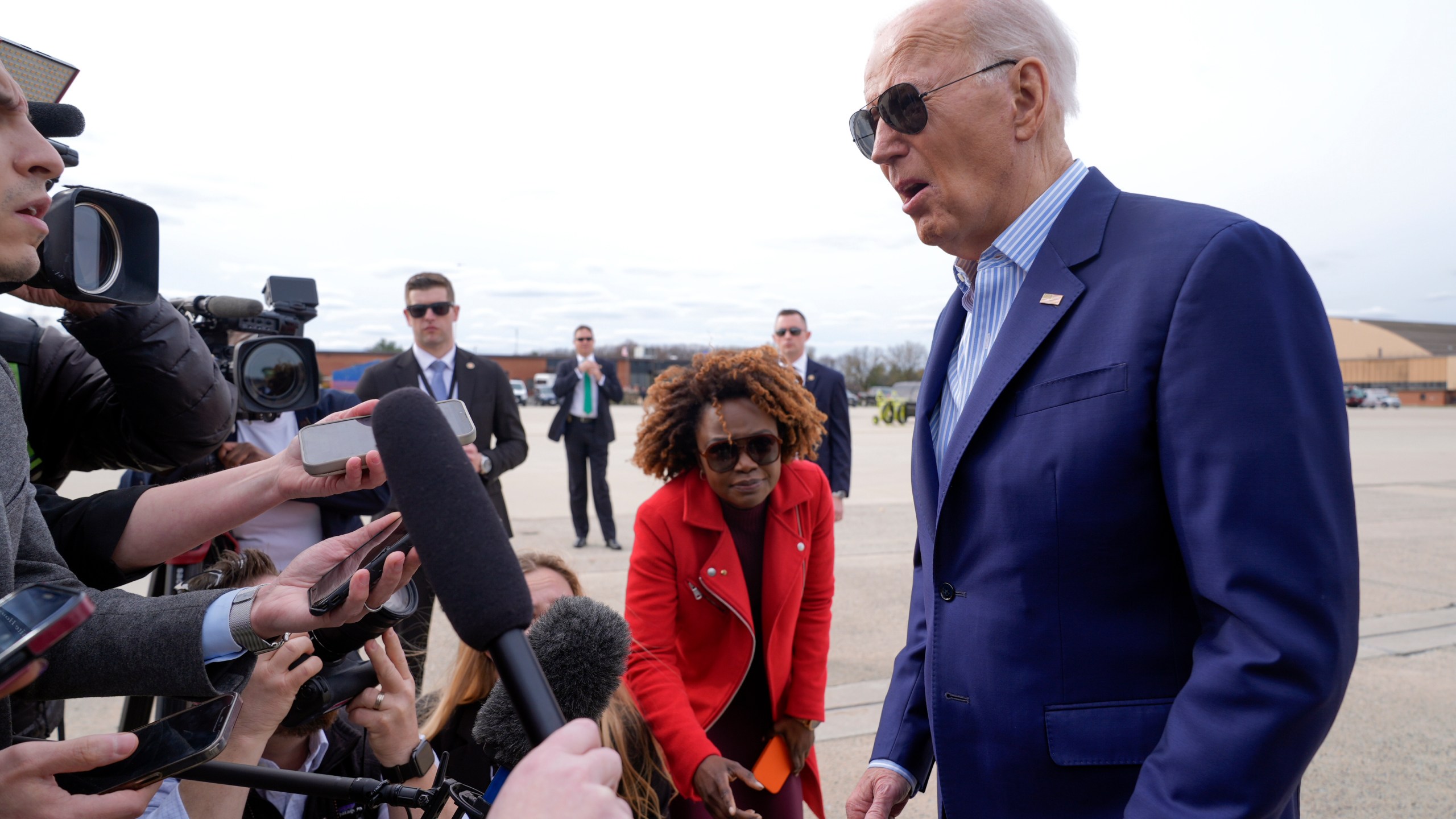 President Joe Biden talks to reporters before leaving Andrews Air Force Base, Md., Friday, March 8, 2024, to travel to Philadelphia for a campaign event. (AP Photo/Manuel Balce Ceneta)