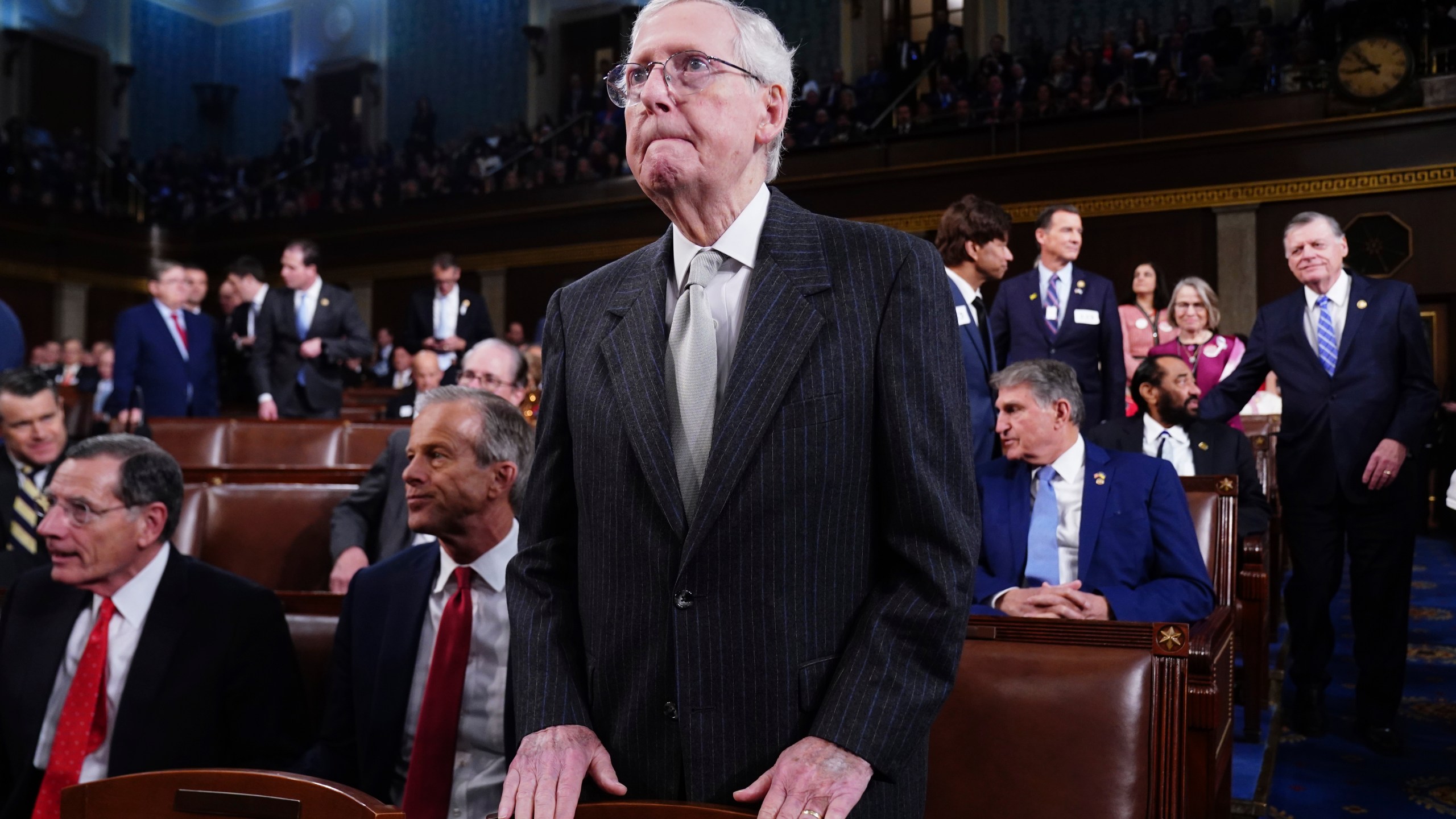 Senate Minority Leader Mitch McConnell of Ky., arrives before President Joe Biden delivers the State of the Union address to a joint session of Congress at the Capitol, Thursday, March 7, 2024, in Washington. (Shawn Thew/Pool via AP)